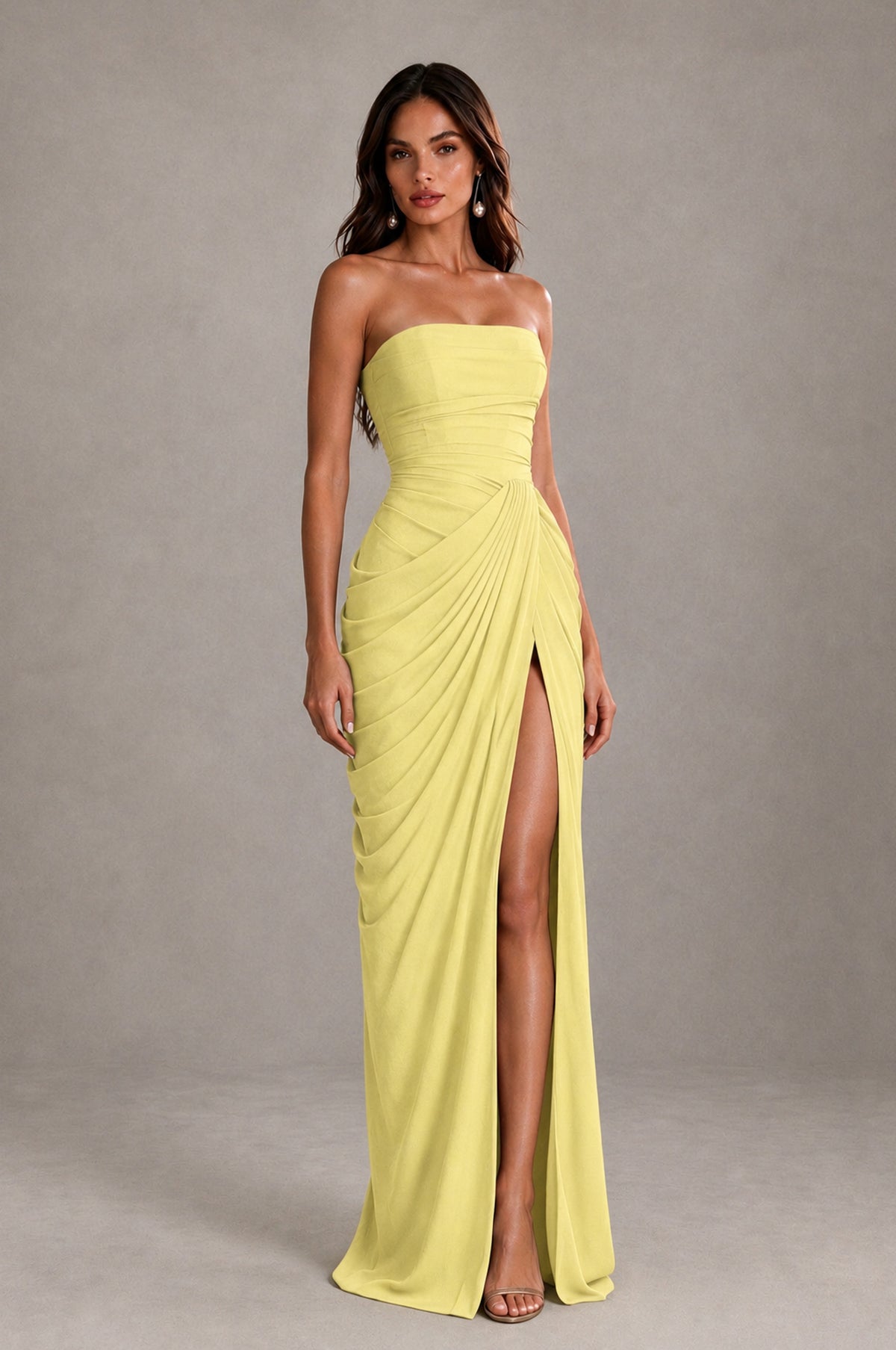 BOLODOO Strapless Draped Maxi Dress - Daffodil Backless Evening Gown with High Slit - Daffodil - Daffodil_4