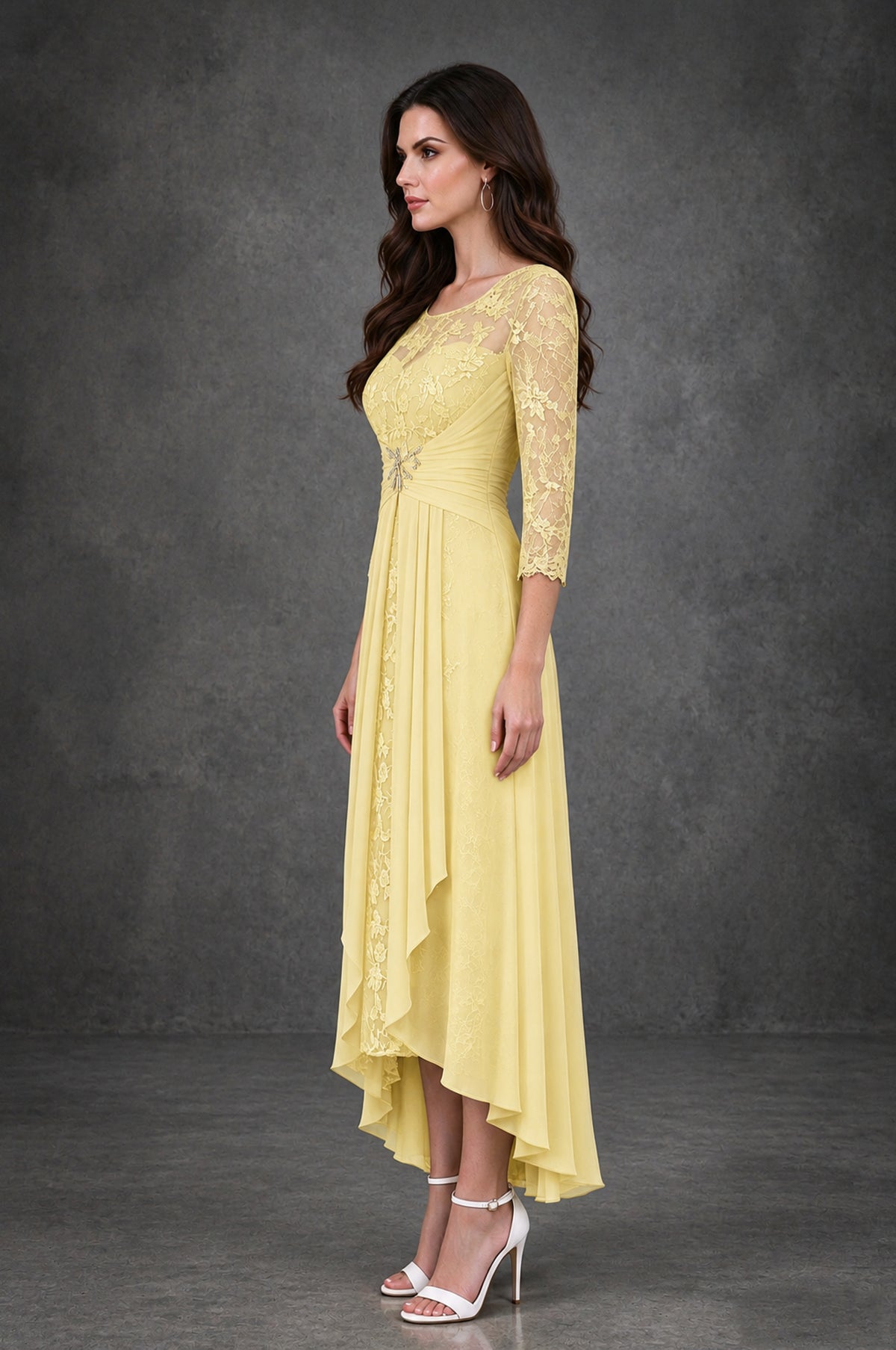BOLODOO Daffodil Sequin Lace & Chiffon Tea-Length Mother of the Bride Dress with 3/4 Sleeves - Daffodil - Daffodil_4