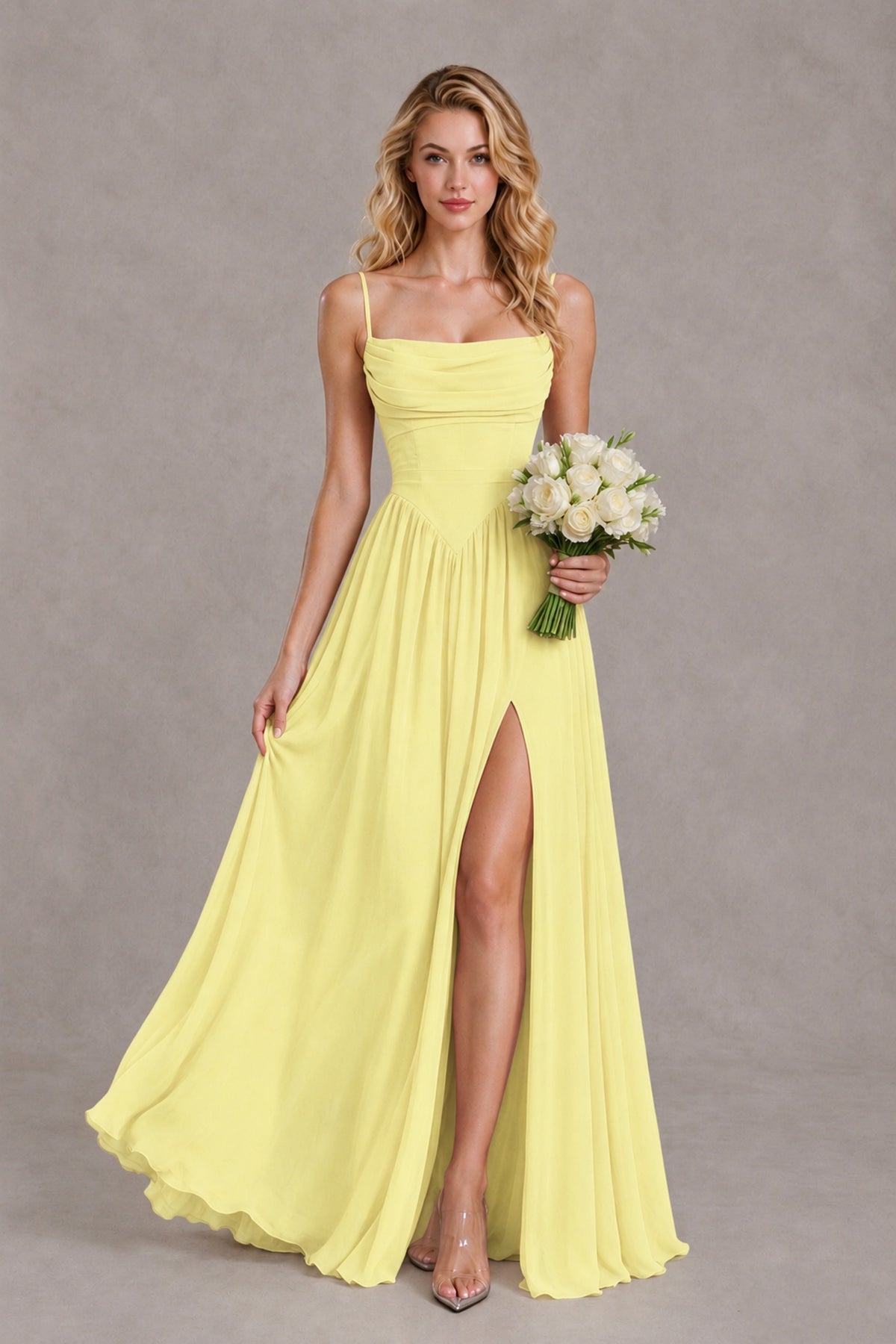 BOLODOO Daffodil Spaghetti Strap A-Line Bridesmaid Dress with Slit - Daffodil - Daffodil_4