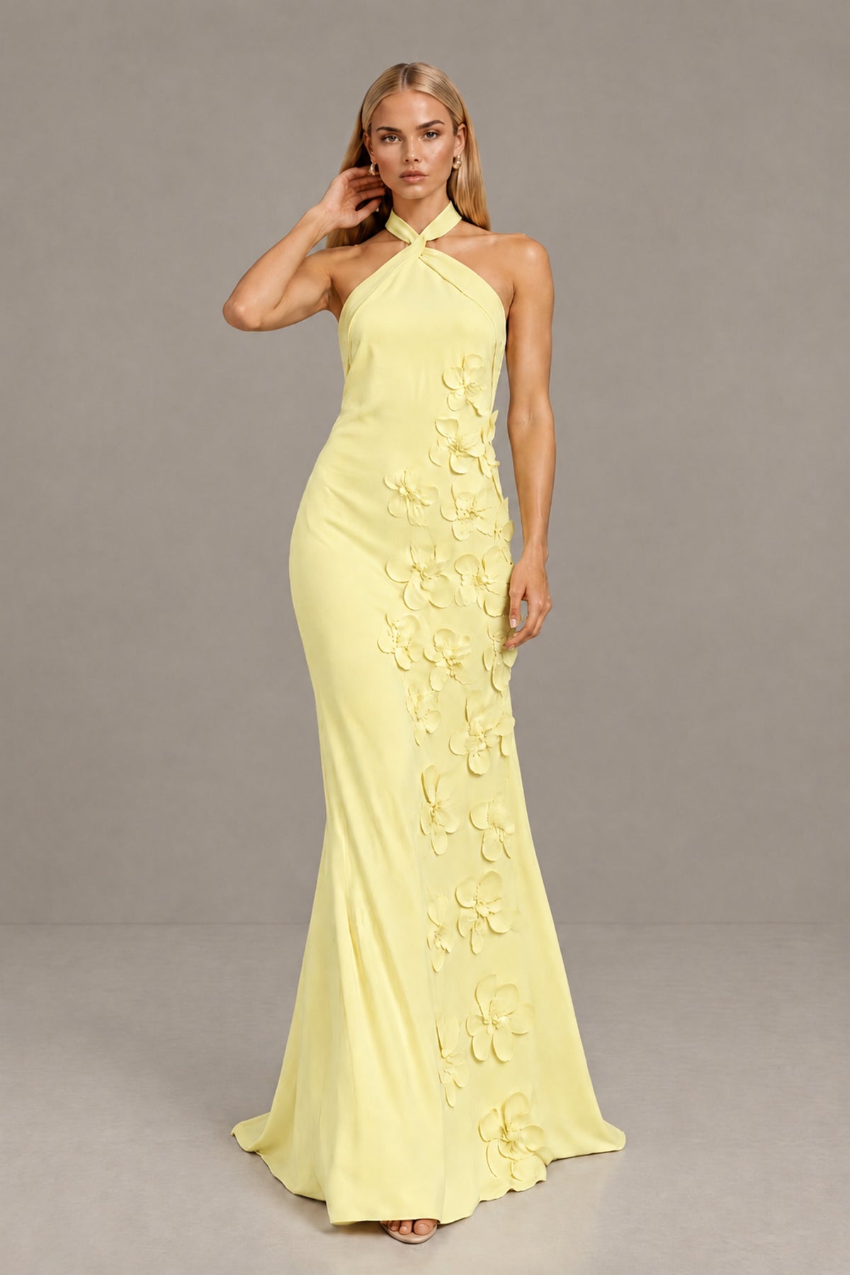 BOLODOO Daffodil Cross Halter Neck 3D Floral Appliqué Backless Mermaid Maxi Gown - Daffodil - Daffodil_4