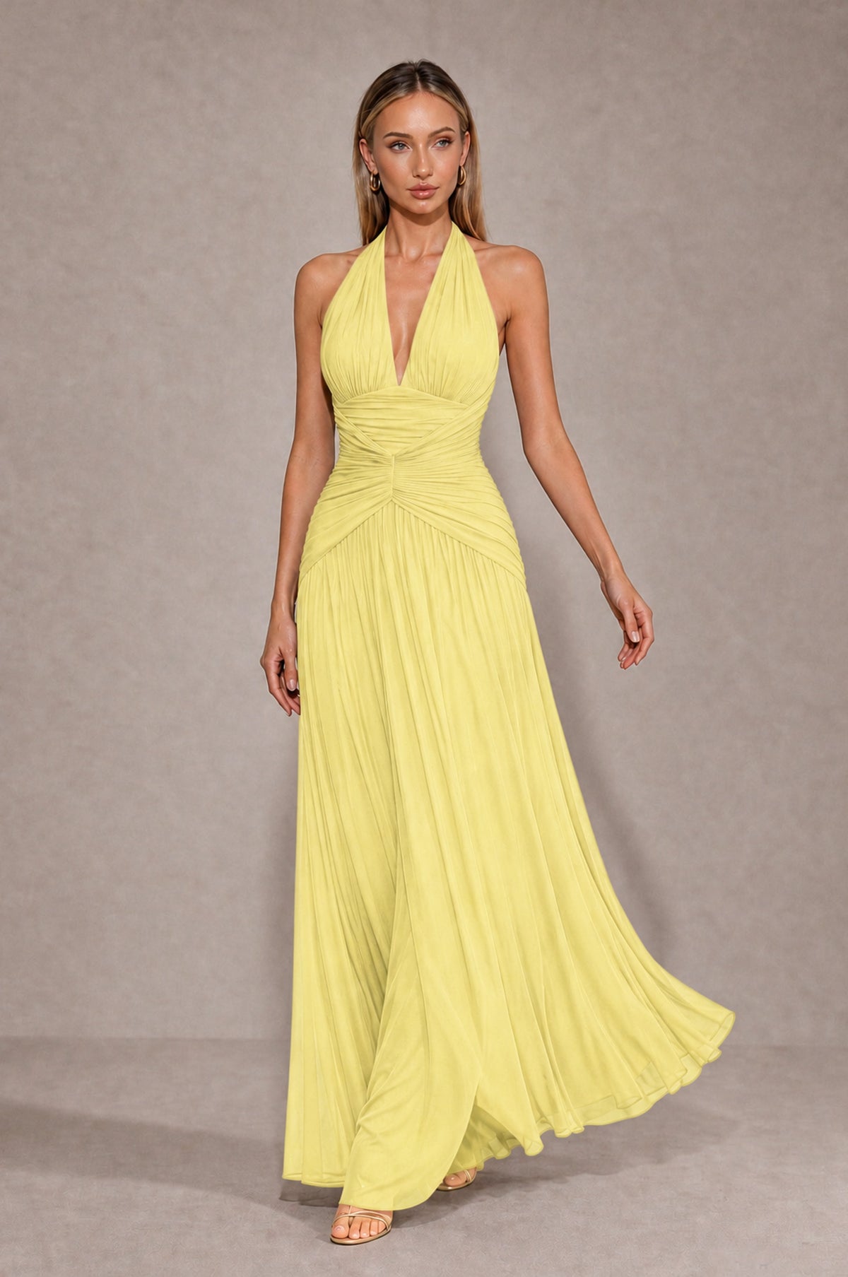 BOLODOO Daffodil Chiffon Halter Deep V-Neck Ruched A-Line Backless Maxi Dress with Train-BD0167 - Daffodil - Daffodil_4