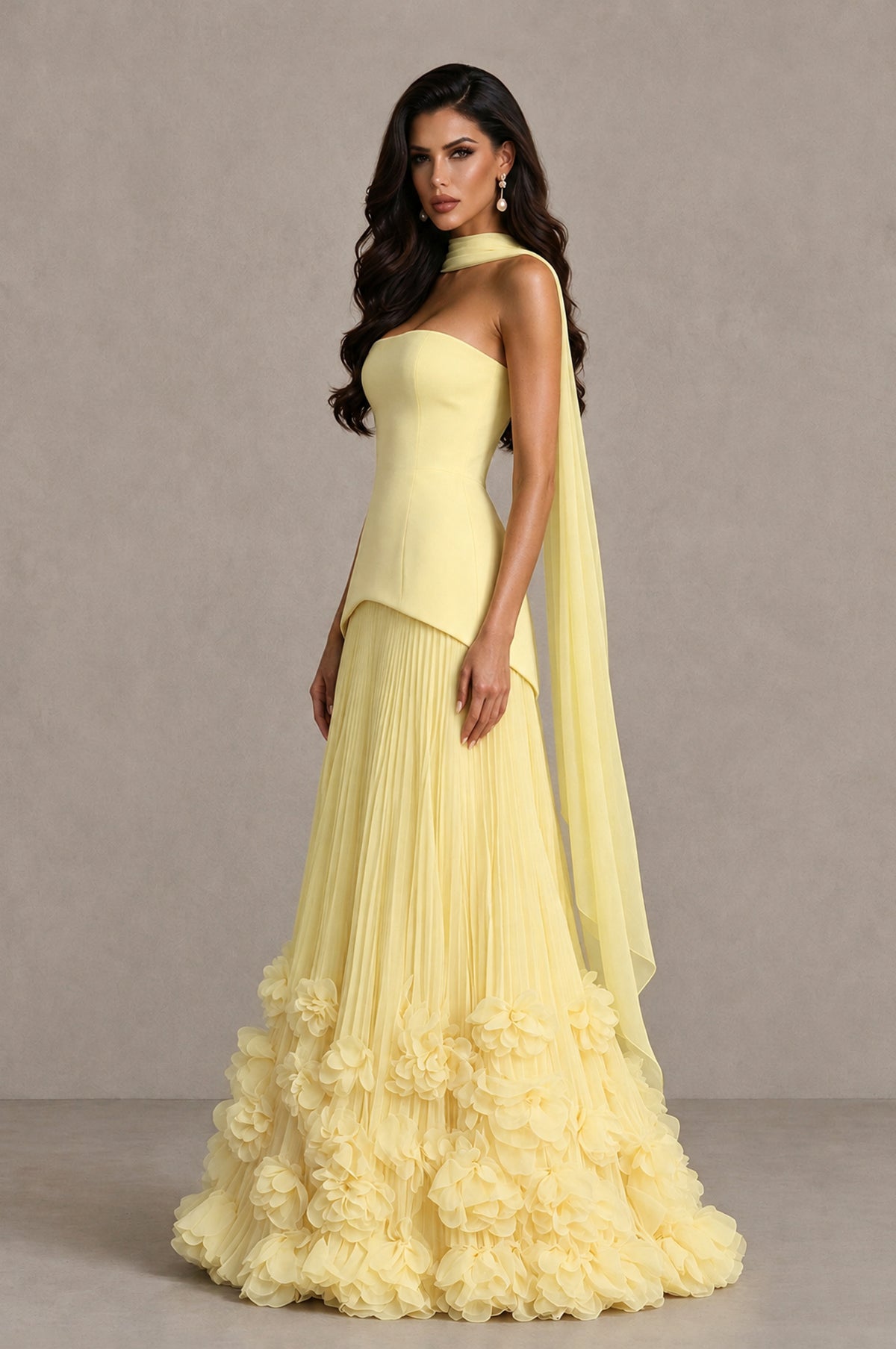BOLODOO Daffodil Strapless Pleated Floral Hem Evening Gown - Daffodil - Daffodil_4