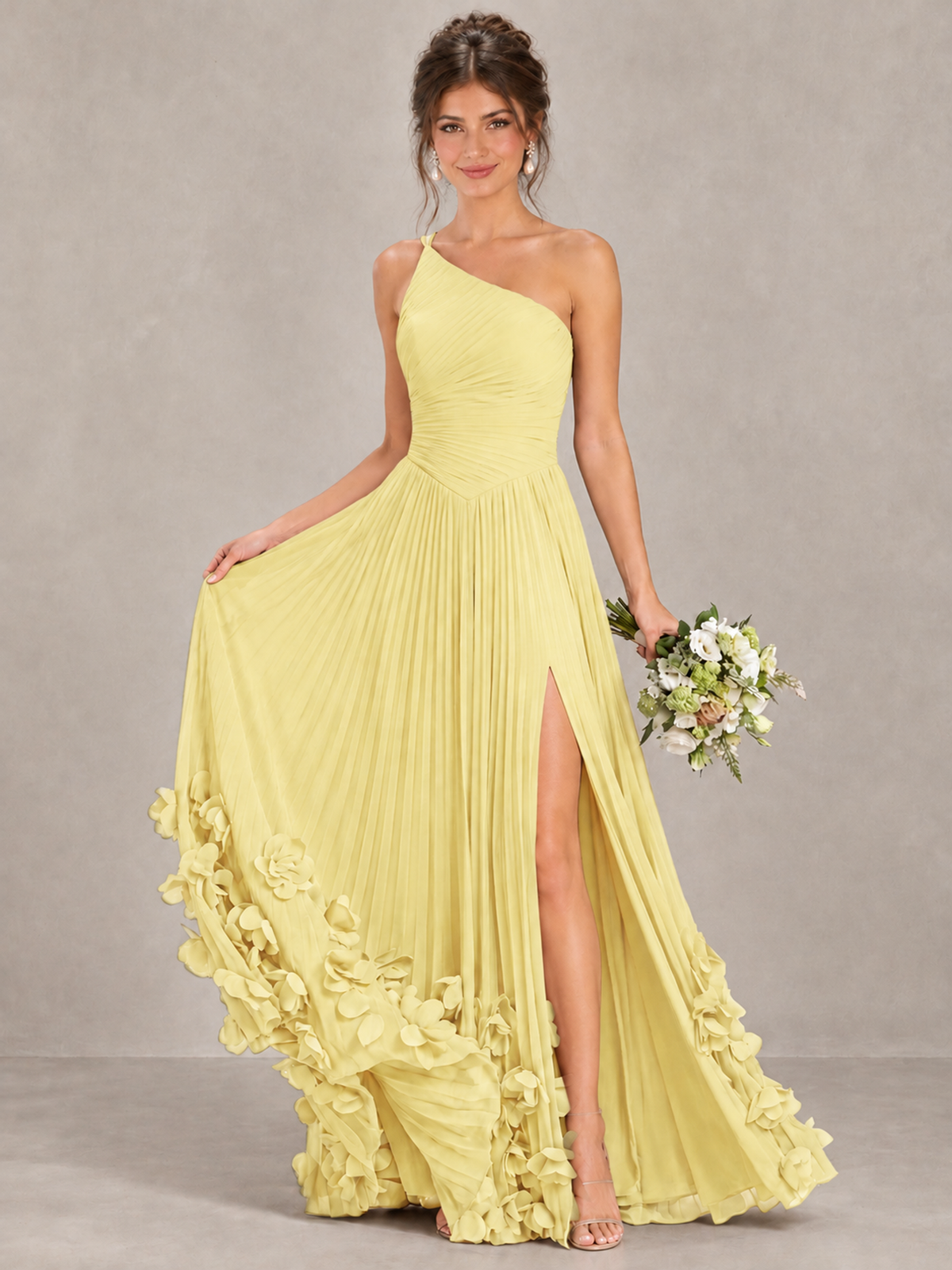 BOLODOO Daffodil One-Shoulder Pleated Bridesmaid Dress with 3D Floral Hem - Daffodil - Daffodil_4