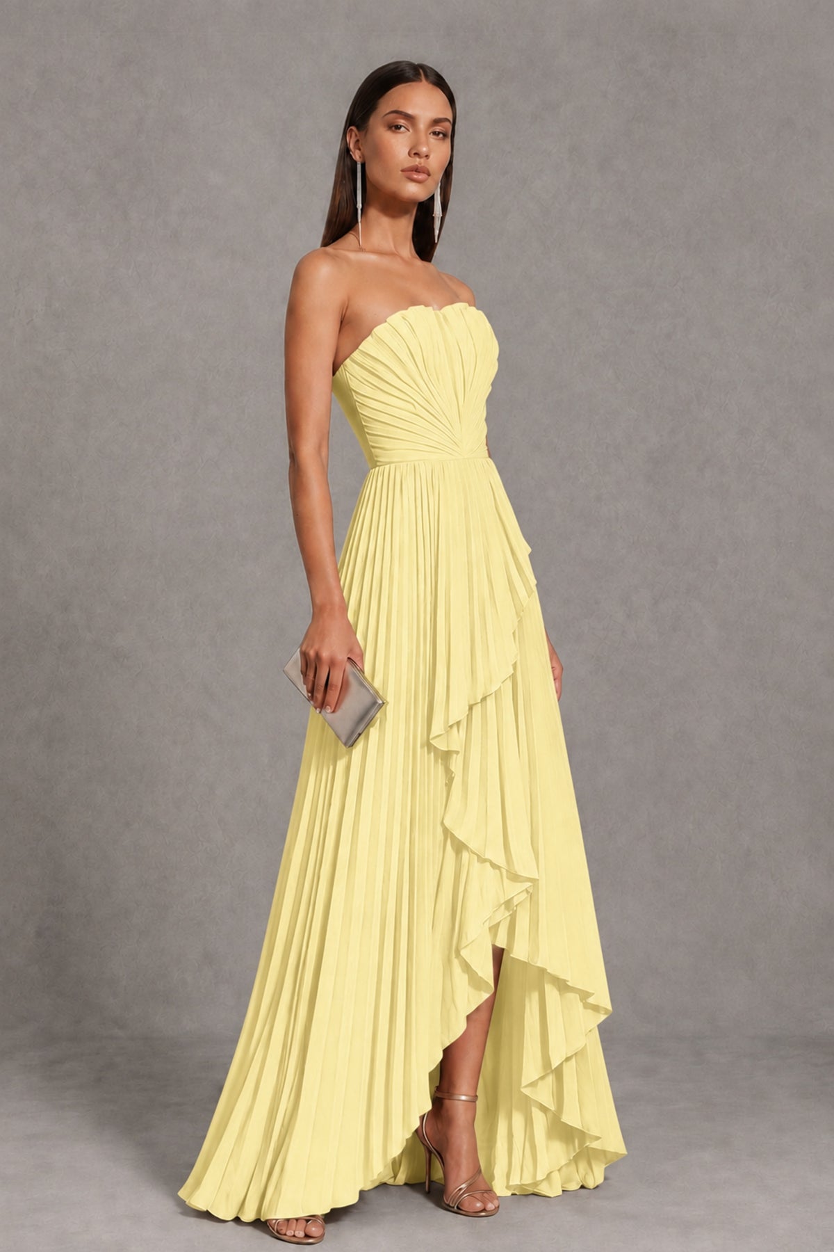 Daffodil Strapless Pleated High-Low Evening Gown with Ruffle Hem - Daffodil - Daffodil_4