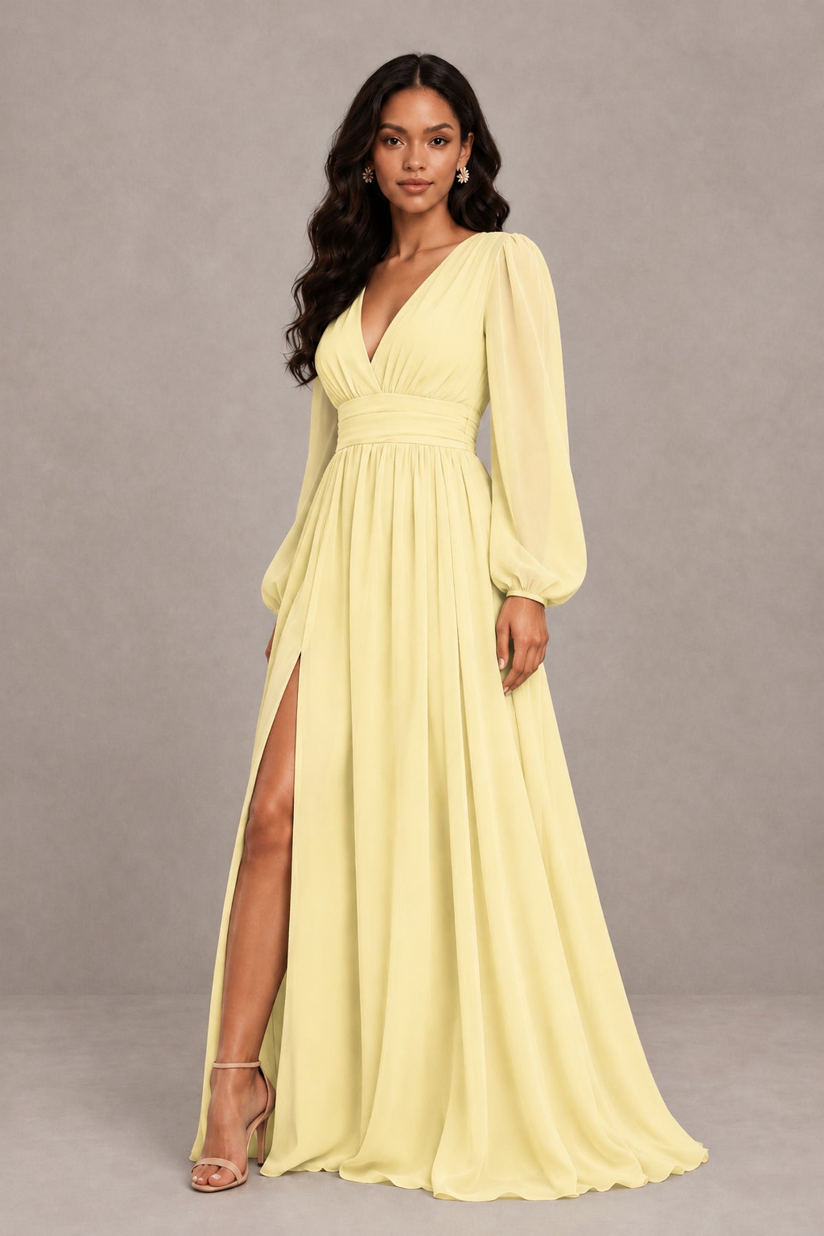 BOLODOO Daffodil Long Sleeve V-Neck A-Line Gown with Open Back & Slit - Daffodil - Daffodil_4