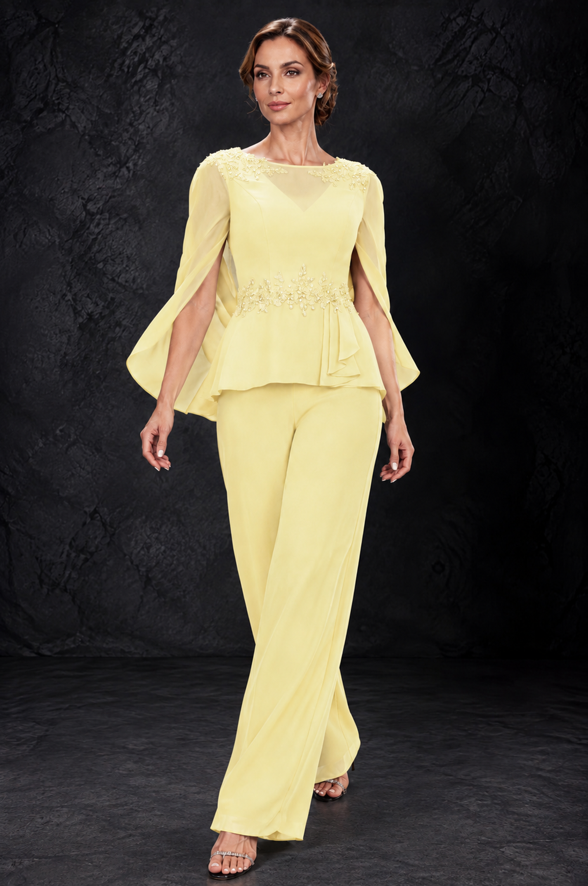 BOLODOO Daffodil Embellished Cape Sleeve Mother of the Bride Pantsuit - Daffodil - Daffodil_4