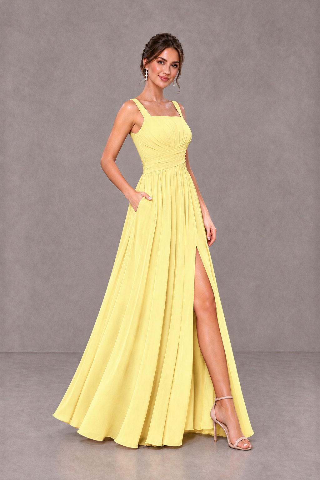 BOLODOO Daffodil Square Neck A-Line Bridesmaid Dress with Slit - Daffodil - Daffodil_4