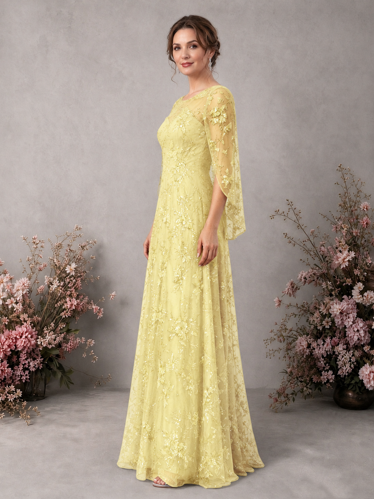 BOLODOO Daffodil Sequin Lace Cape Sleeve Formal Evening Gown - Daffodil - Daffodil_4