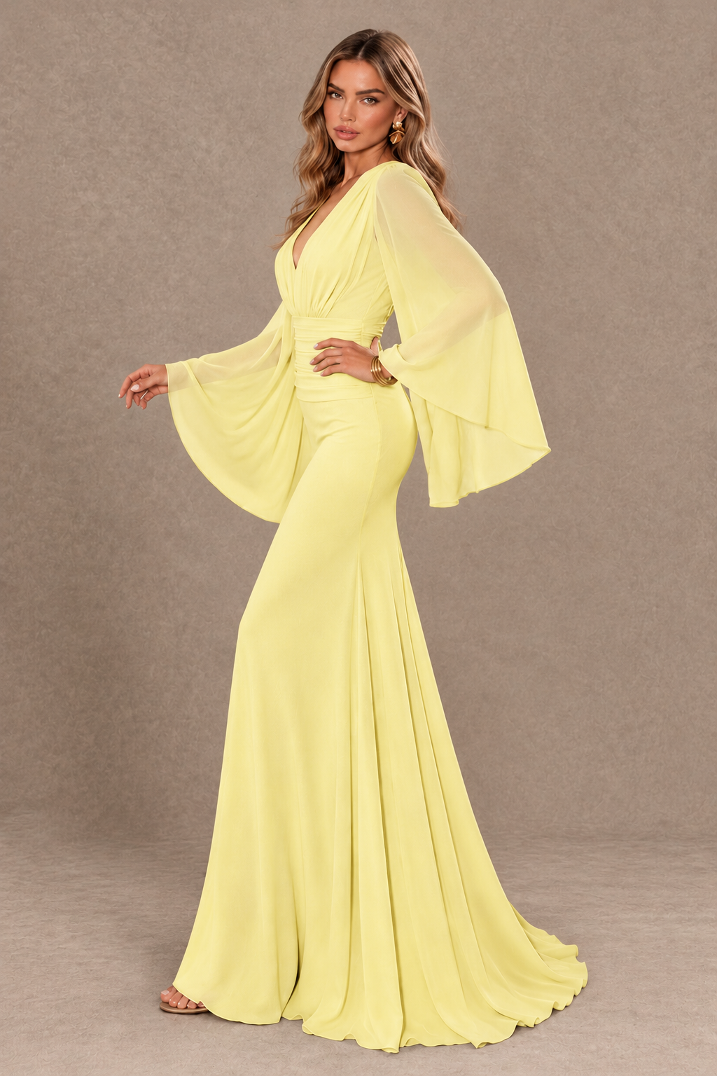 BOLODOO Daffodil Cape Sleeve V-Neck Ruched Chiffon Evening Dress - Daffodil - Daffodil_4