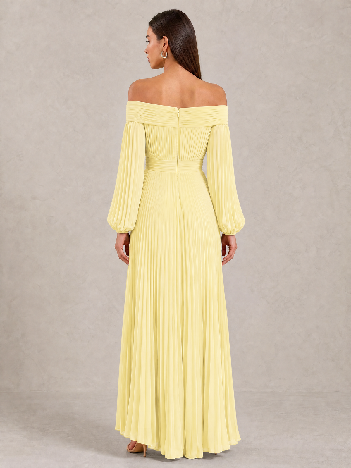 BOLODOO Daffodil Off-Shoulder Long Sleeve Pleated High-Low Dress - Daffodil - Daffodil_4