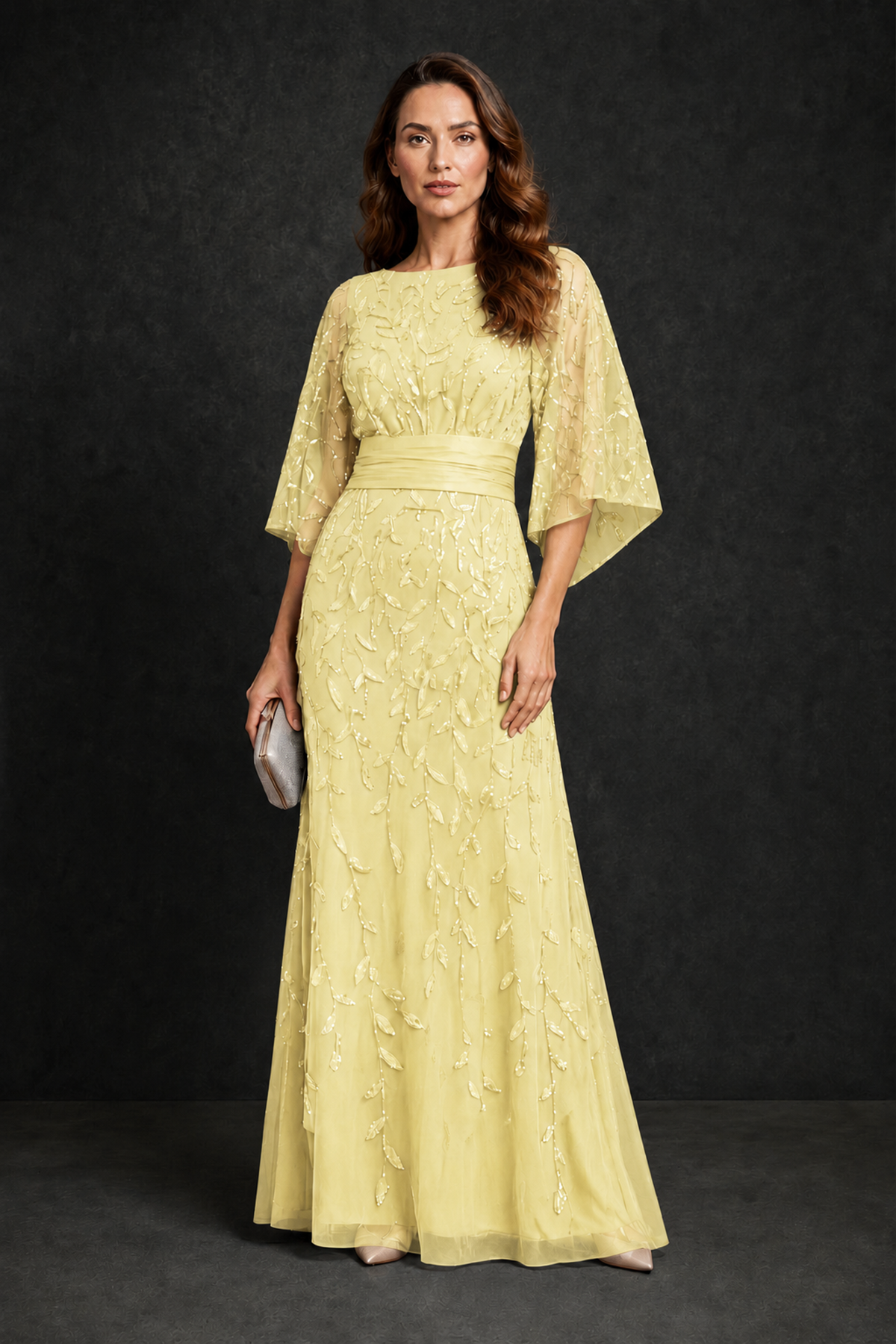 BOLODOO Daffodil Bateau Neck Bell Sleeve Sequin Embroidered Satin Waist A-Line Maxi Dress - Daffodil - Daffodil_4