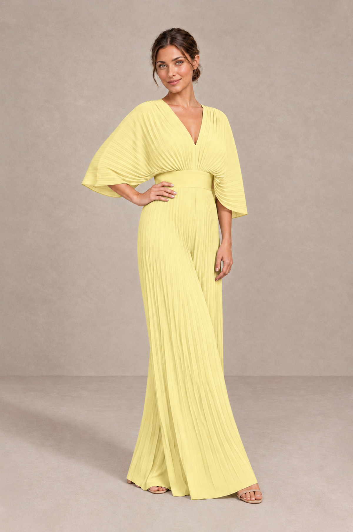 BOLODOO Daffodil Pleated Wide-Leg Mother of Bride Pantsuit with V-Neck Chiffon Maxi Gown - Daffodil - Daffodil_4