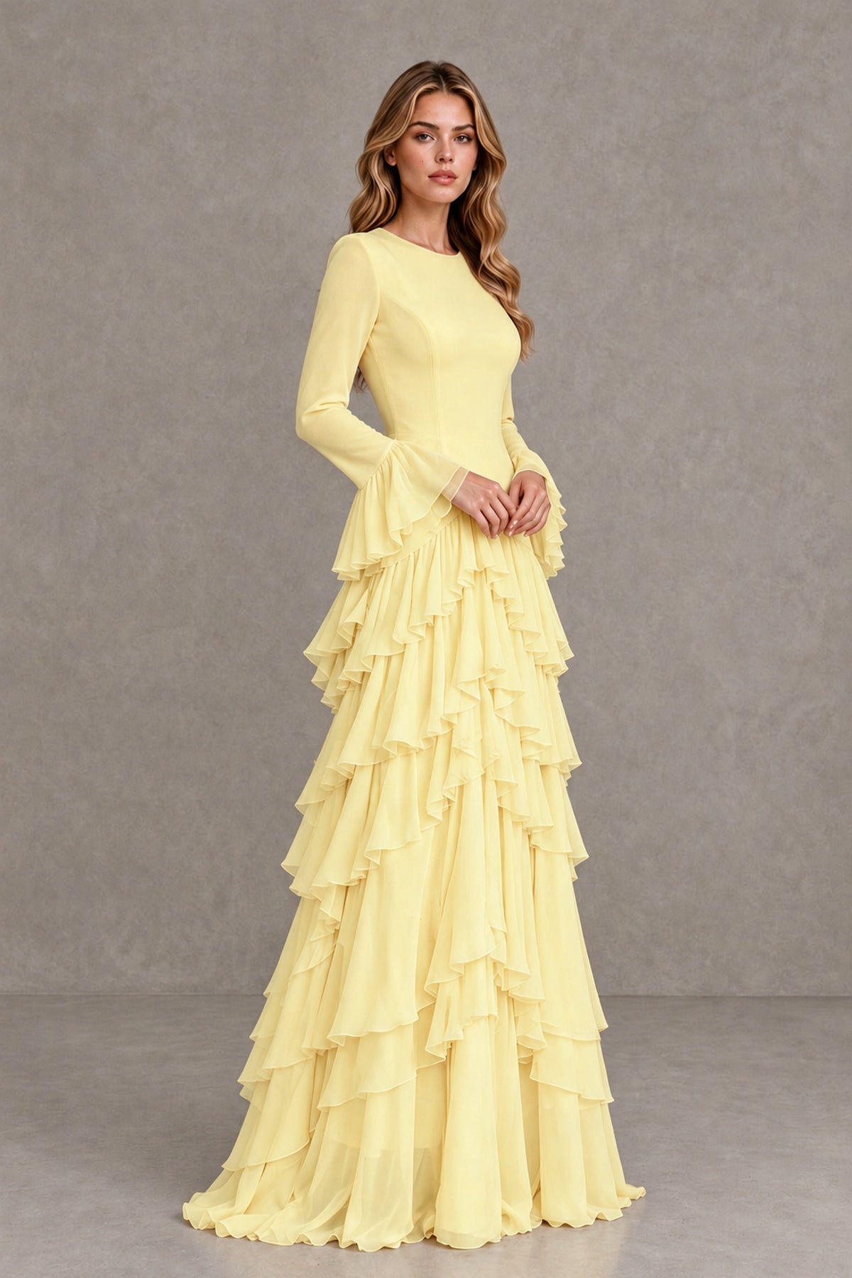 Daffodil Long Sleeve Tiered Ruffle Evening Gown - Daffodil - Daffodil_4