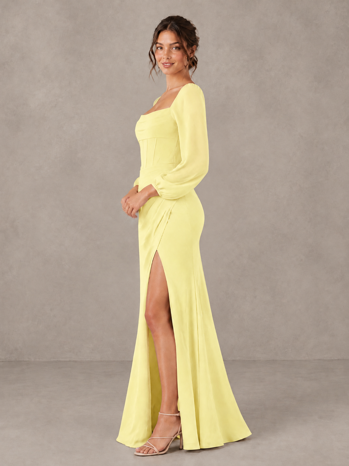 BOLODOO Daffodil Square Neck Long Sleeve Bridesmaid Dress with High Slit - Daffodil - Daffodil_4