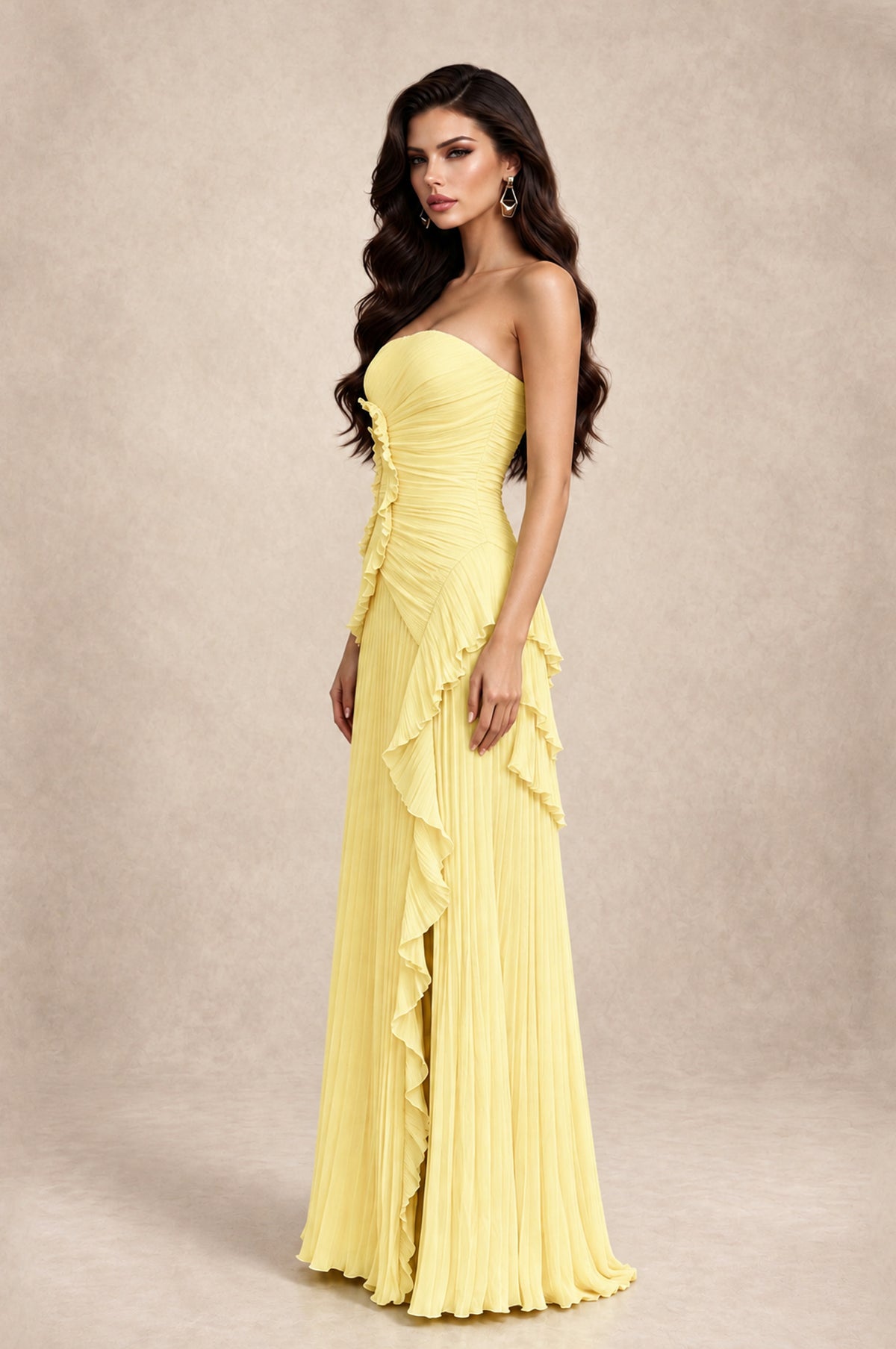 BOLODOO Daffodil Strapless Ruffle Pleated Slit Evening Gown - Daffodil - Daffodil_4