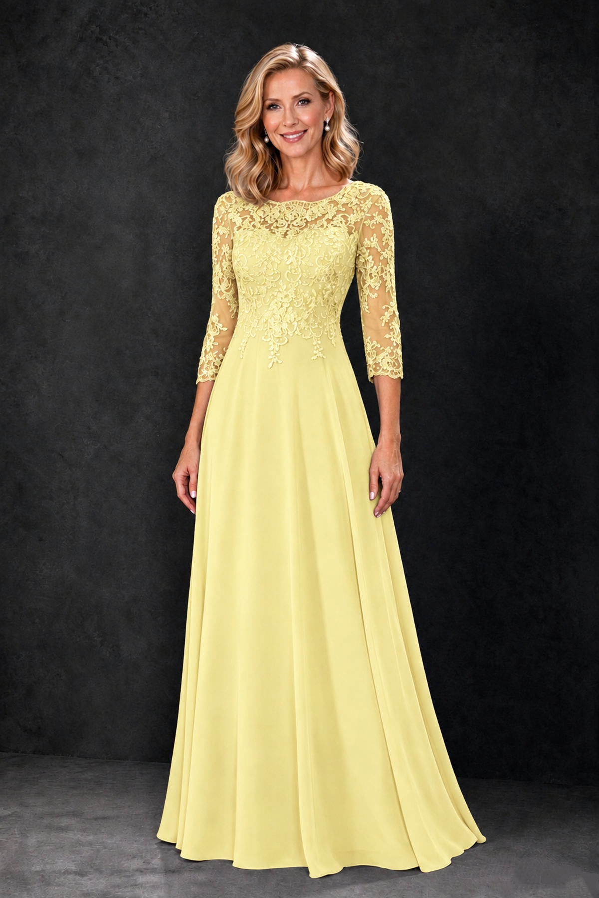 BOLODOO Daffodil Lace Embroidered Mother of the Bride Dress with 3/4 Sleeves - Daffodil - Daffodil_4