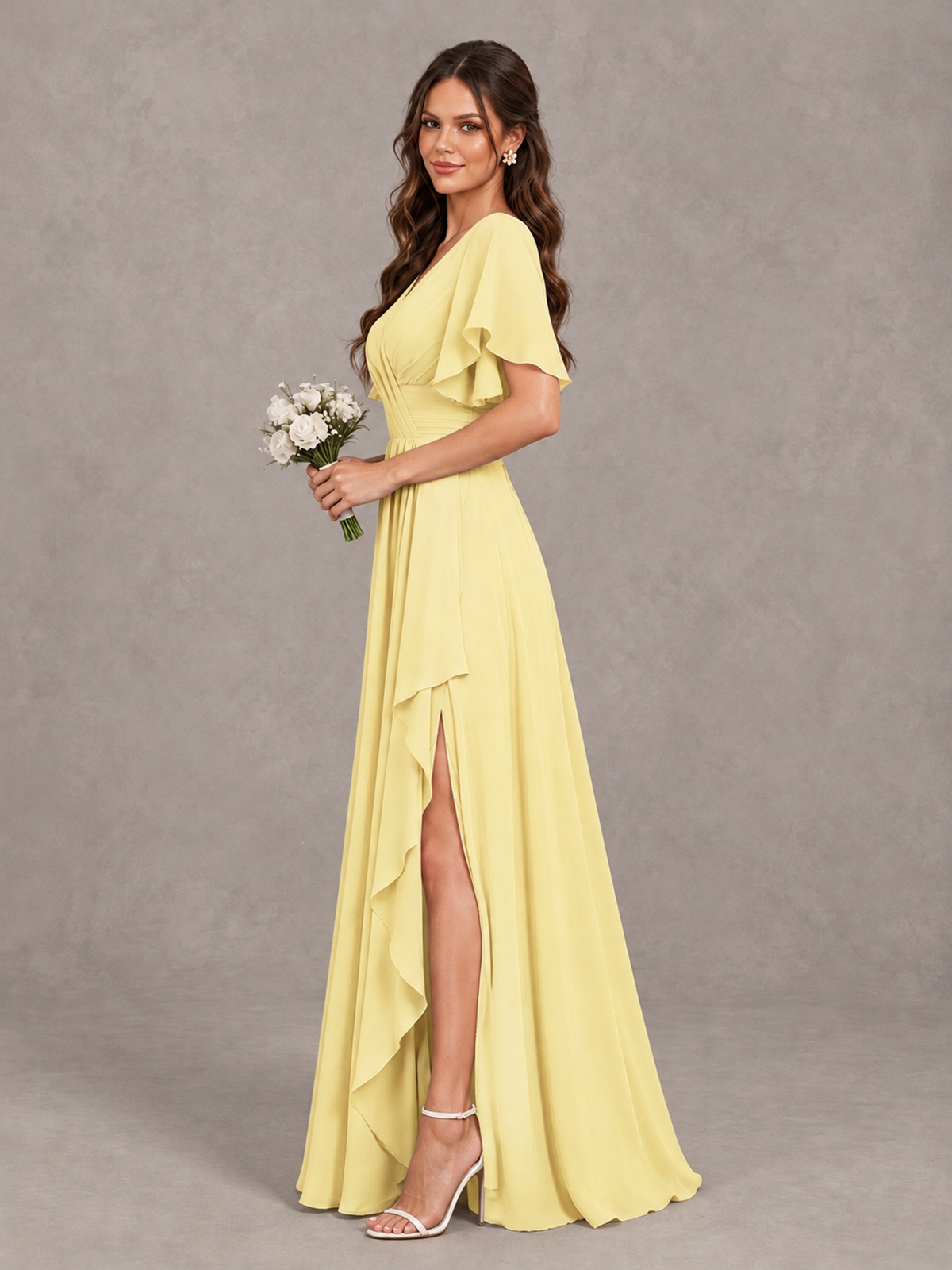 BOLODOO Daffodil Flutter Sleeve V-Neck Bridesmaid Dress with Ruffle Slit - Daffodil - Daffodil_4