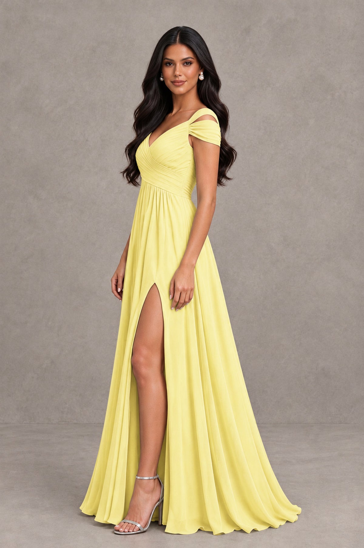 BOLODOO Daffodil Cold Shoulder Chiffon Evening Dress with V Neck and High Slit - Daffodil - Daffodil_4