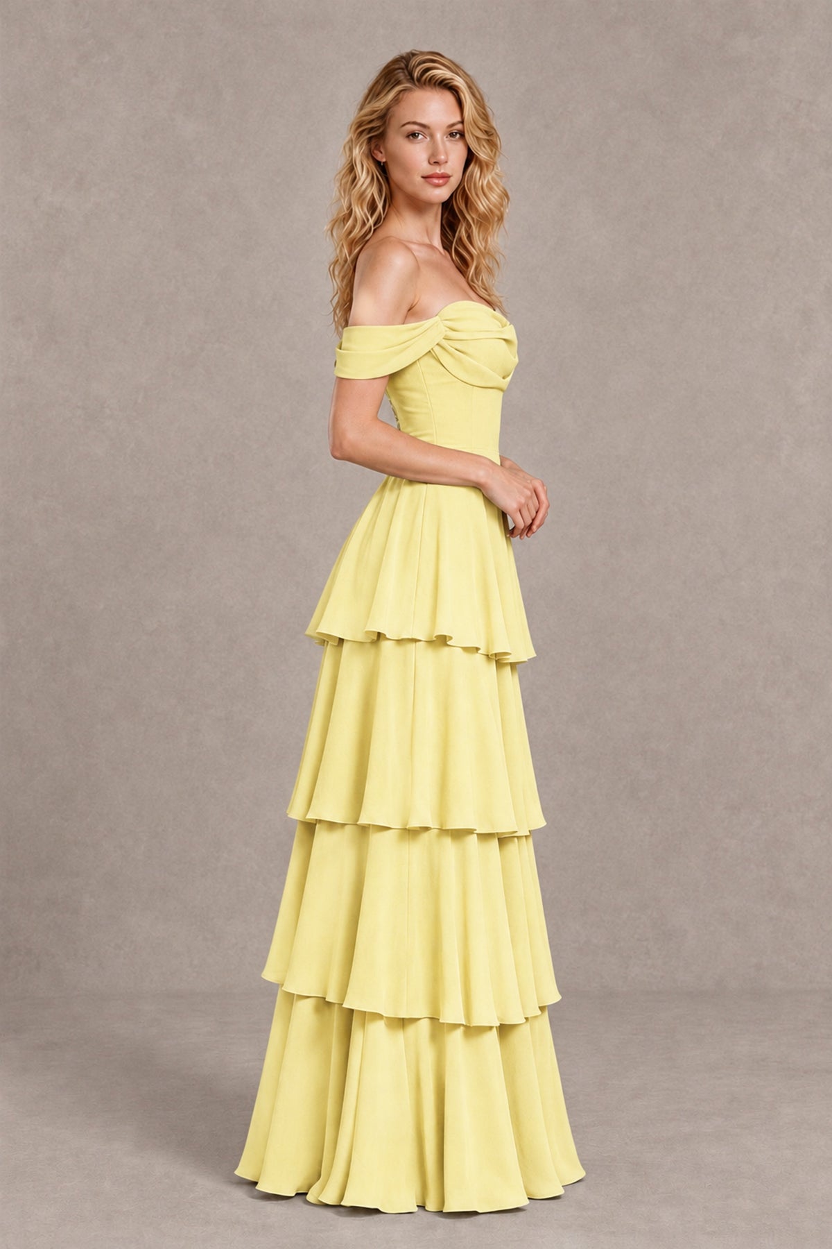 BOLODOO Daffodil Off-the-Shoulder Tiered A-Line Evening Bridesmaid Dress - Daffodil - Daffodil_4