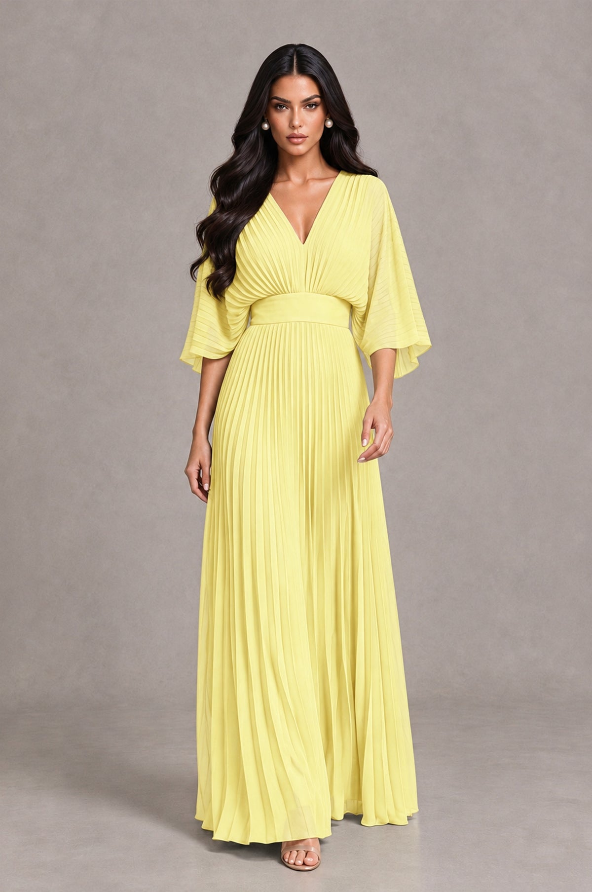 BOLODOO Daffodil V-Neck Pleated Flutter Sleeve Formal Dress - Daffodil - Daffodil_4