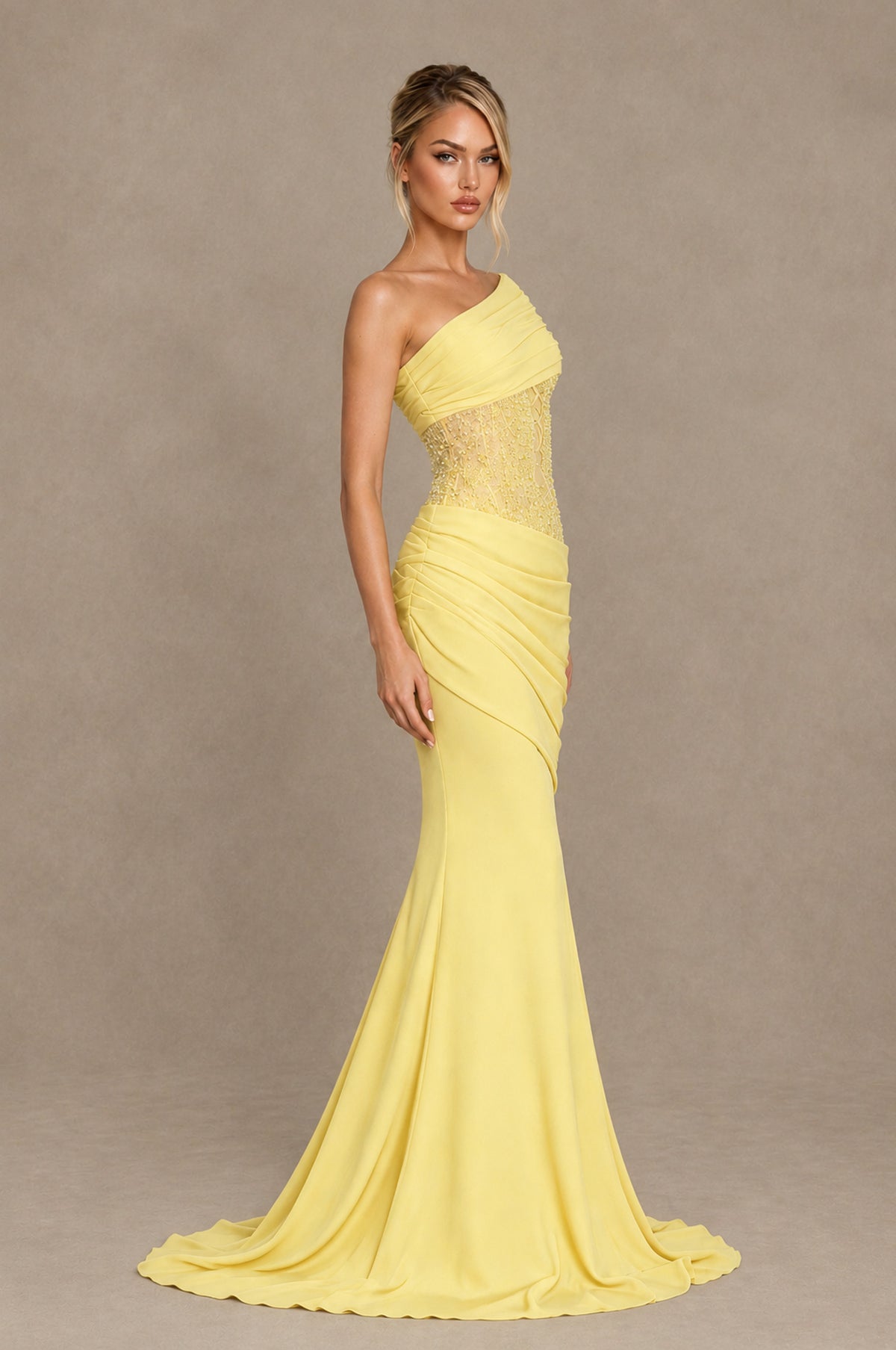 BOLODOO Daffodil One-Shoulder Sequin Embroidered Ruched Mermaid Gown with Train - Daffodil - Daffodil_4