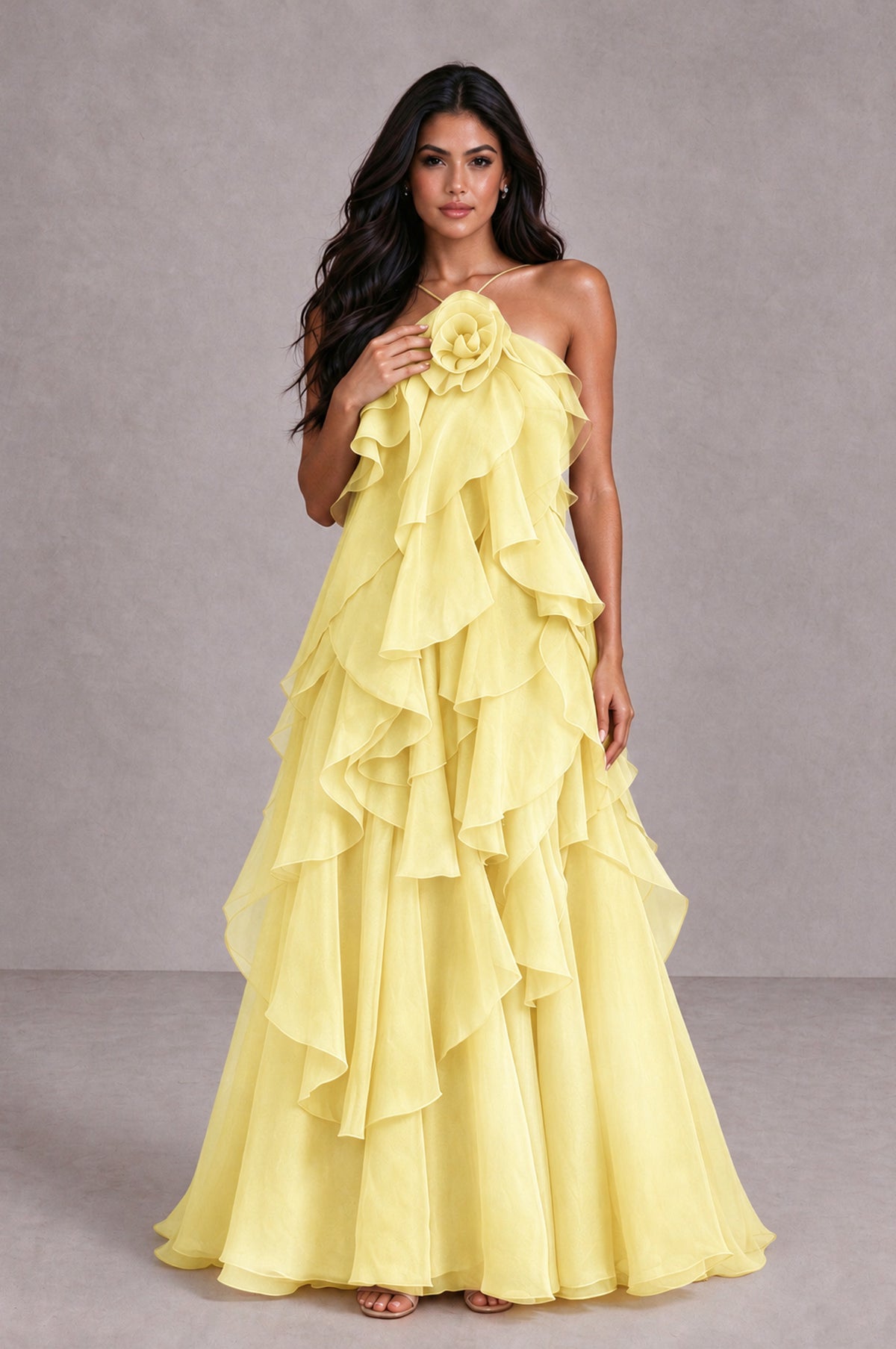 BOLODOO Daffodil Cascading Ruffle Rosette Open-Back Maxi Dress - Daffodil - Daffodil_4