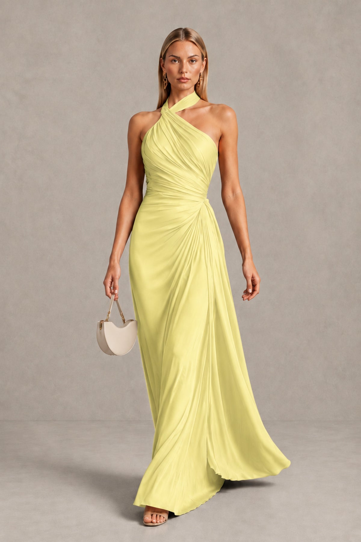 BOLODOO Daffodil Twisted Halter Neck Ruched Sleeveless Open Back Floor-Length Gown - Daffodil - Daffodil_4