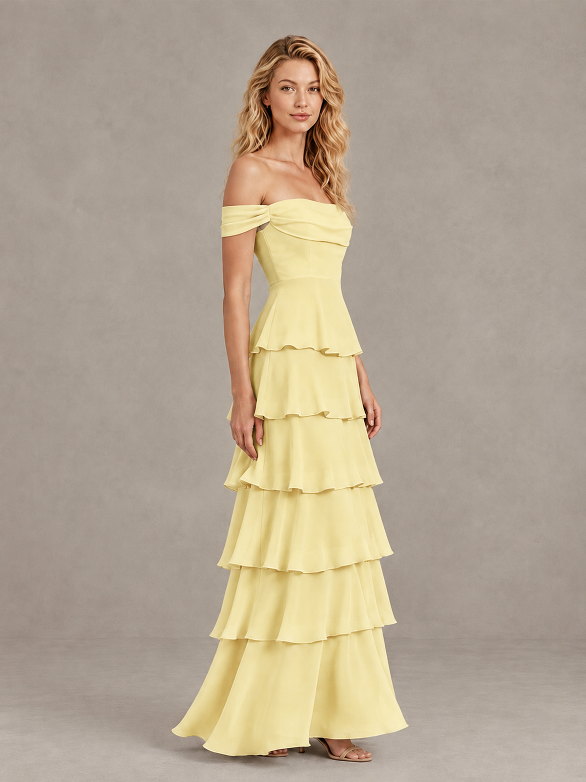 BOLODOO Daffodil Off-Shoulder Tiered Ruffle Bridesmaid Dress with Lace-Up Back - Daffodil - Daffodil_4