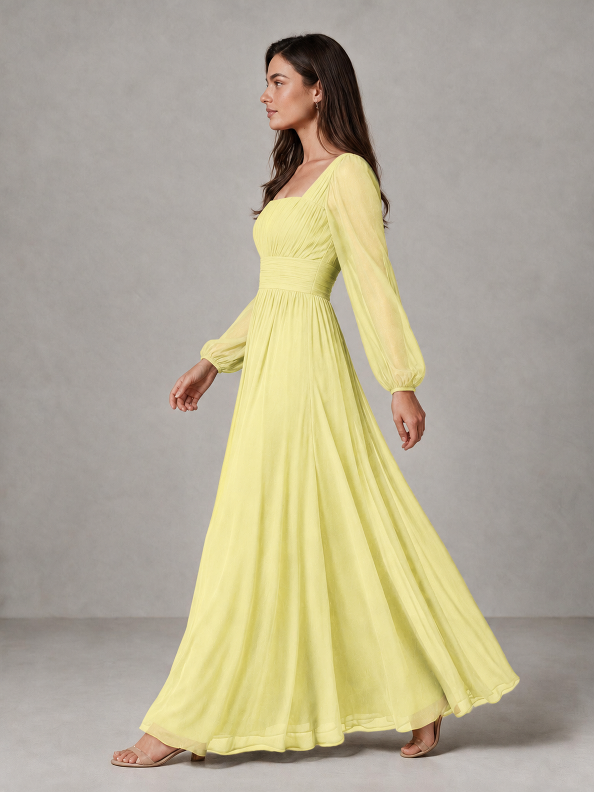 BOLODOO Daffodil Square Neck Long Sleeve Chiffon Bridesmaid Dress - Daffodil - Daffodil_4