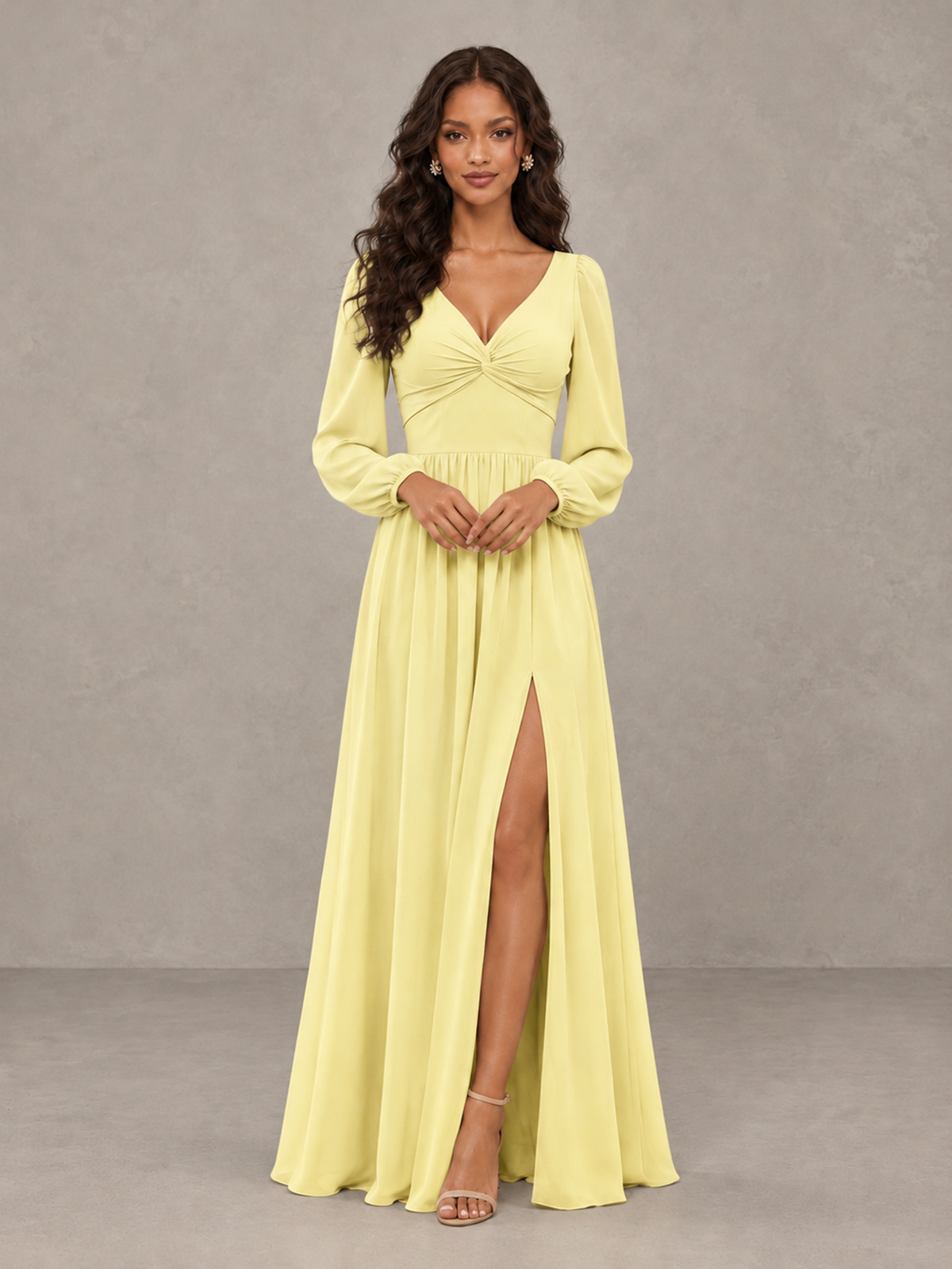 BOLODOO Daffodil V-Neck Long Sleeve Bridesmaid Dress with Tie Back and Slit - Daffodil - Daffodil_5