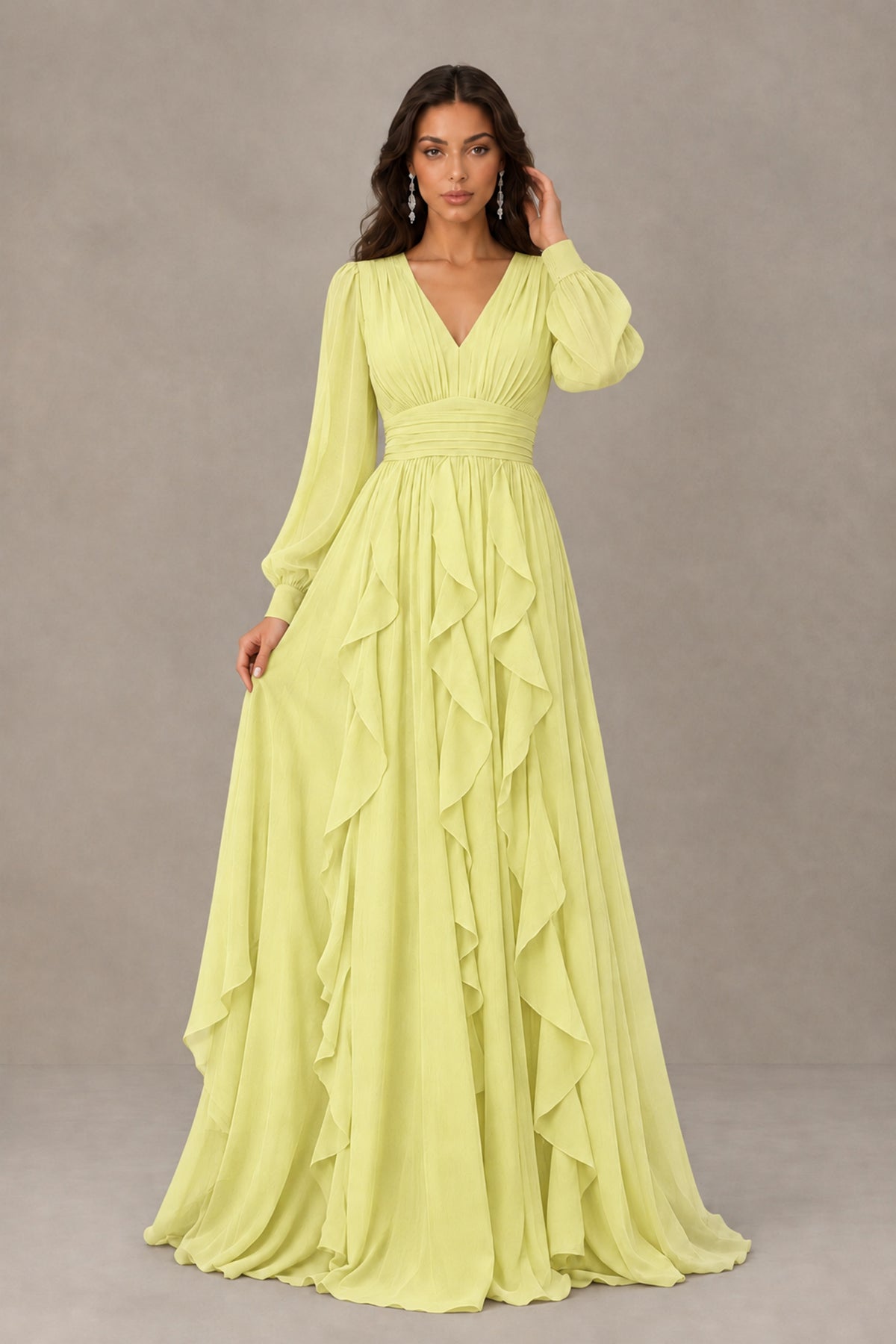 BOLODOO Daffodil Long Sleeve V-Neck Ruffle Maxi Dress - Daffodil - Daffodil (1)