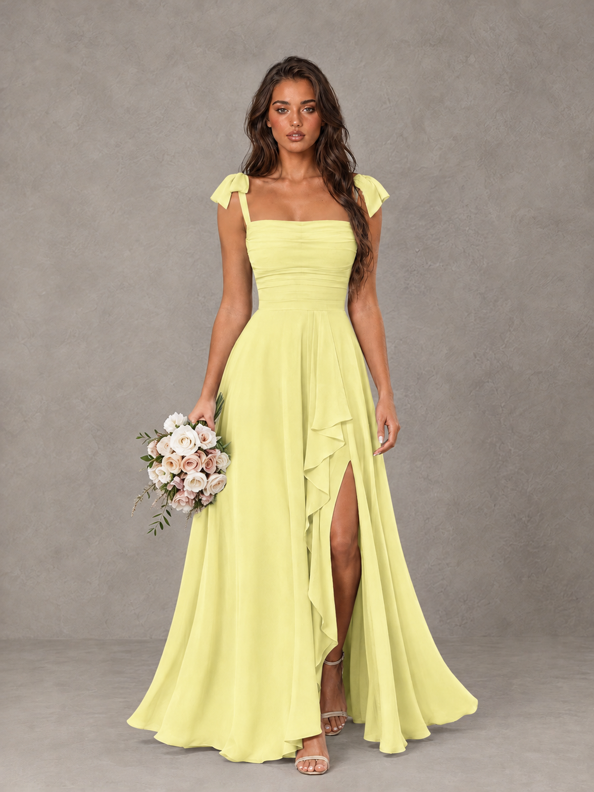 BOLODOO Daffodil Bow-Strap Bridesmaid Dress with Ruffle Slit - Daffodil - Daffodil (1)