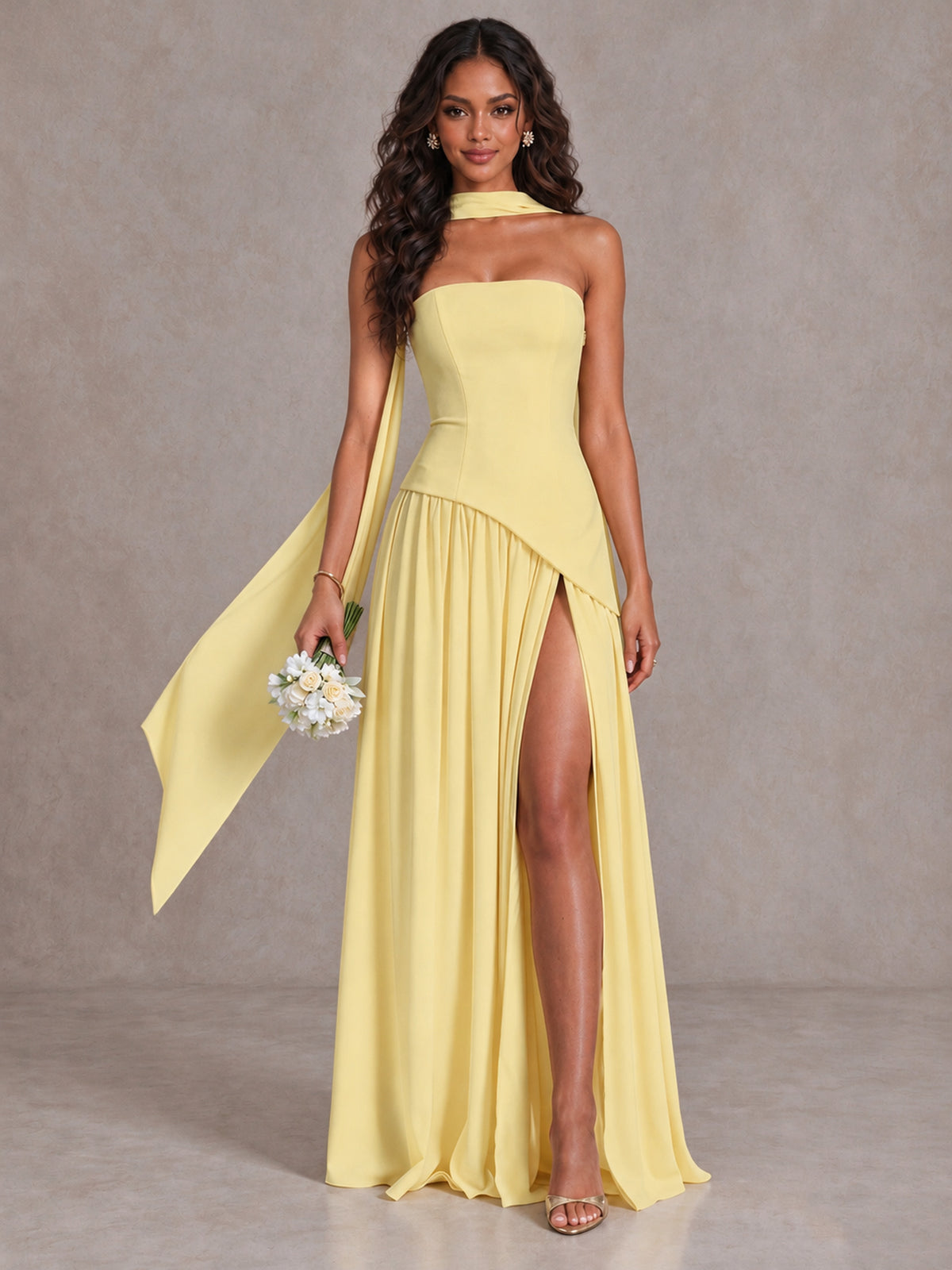 Daffodil Strapless Bridesmaid Dress with Scarf & High Slit - Daffodil - Daffodil (1)