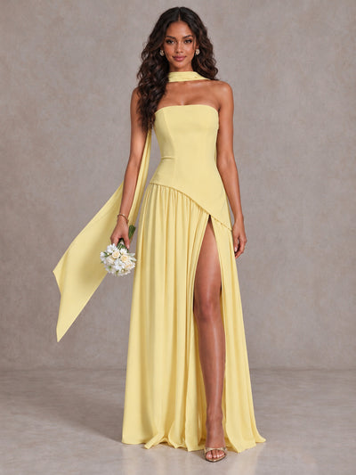 Daffodil Strapless Bridesmaid Dress with Scarf & High Slit - Daffodil - Daffodil (1)