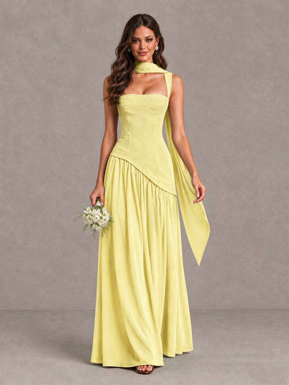BOLODOO Daffodil Brown Scarf Bridesmaid Dress with Lace-Up Back - Daffodil - Daffodil (1)