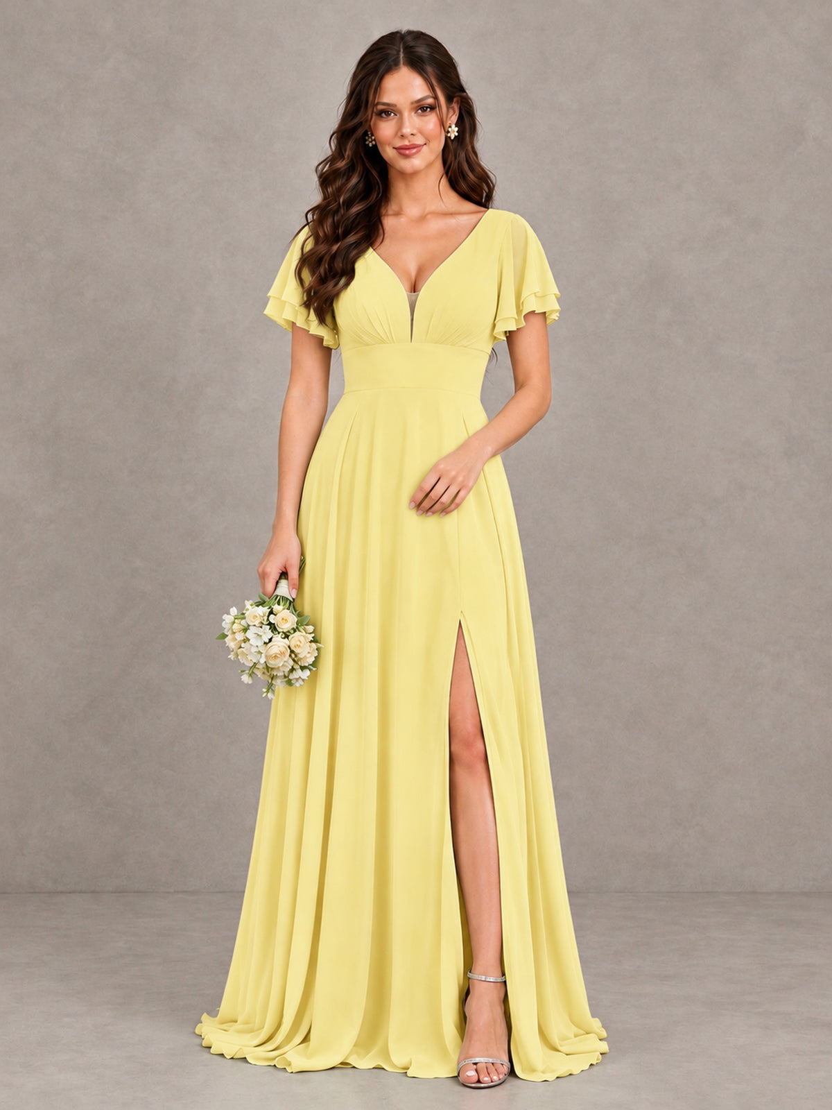 BOLODOO Daffodil Flutter Sleeve Chiffon A-Line Maxi Bridesmaid Dress with Open Back & Slit - Daffodil - Daffodil (1)
