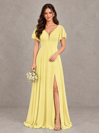 BOLODOO Daffodil Flutter Sleeve Chiffon A-Line Maxi Bridesmaid Dress with Open Back & Slit - Daffodil - Daffodil (1)