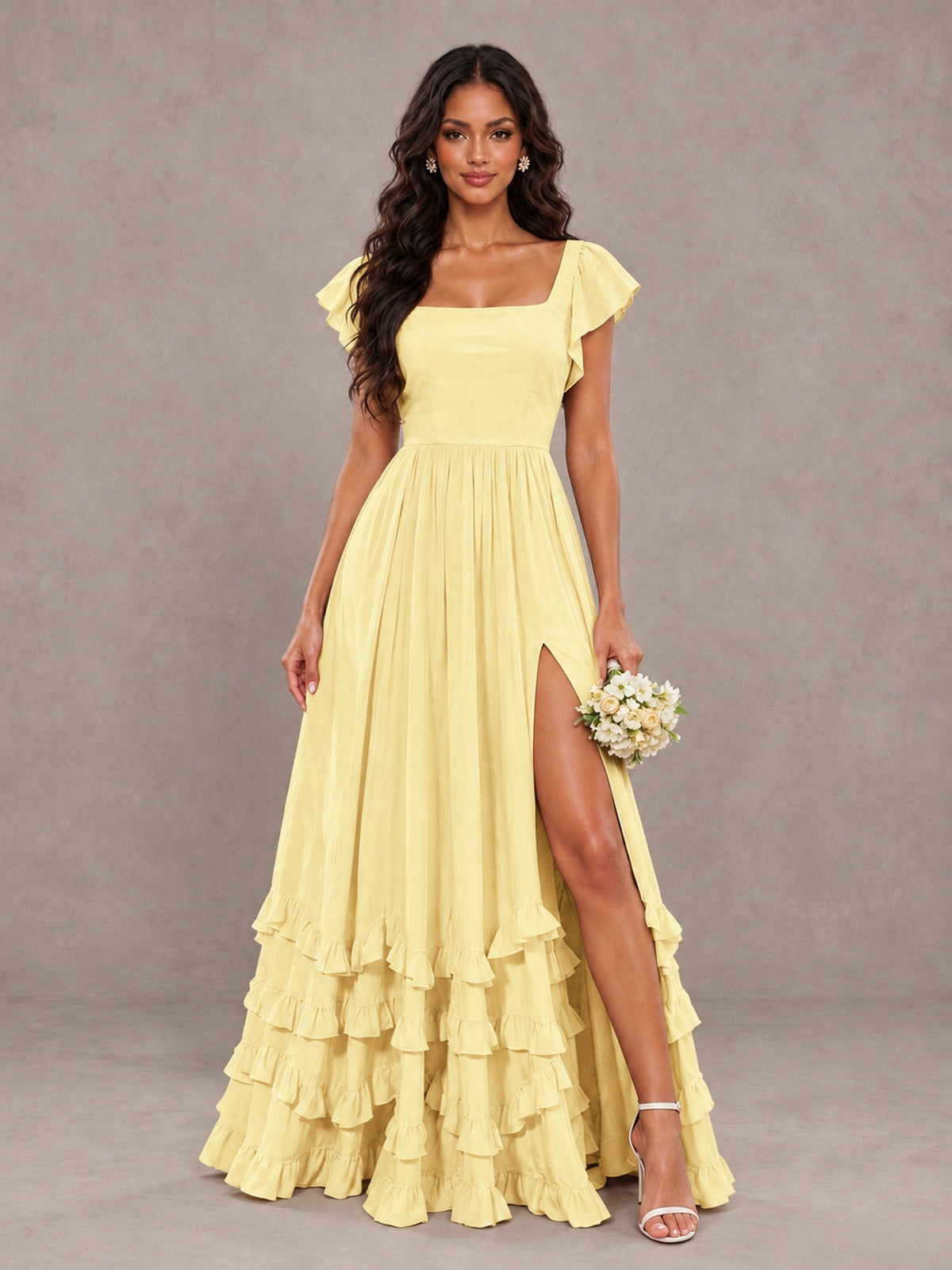 BOLODOO Daffodil Flutter Sleeve Ruffle Bridesmaid Dress with Slit - Daffodil - Daffodil (1)
