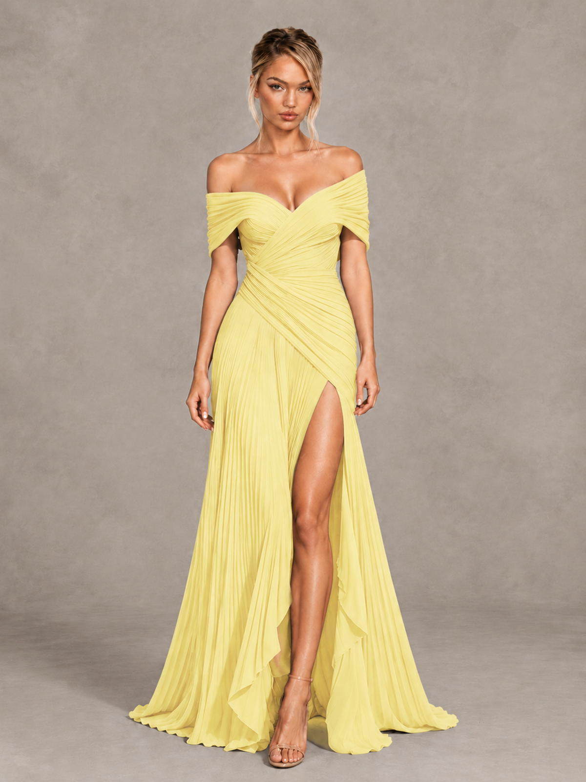 BOLODOO Daffodil Off-Shoulder Ruched Pleated Maxi Dress with High Slit - Daffodil - Daffodil (1)