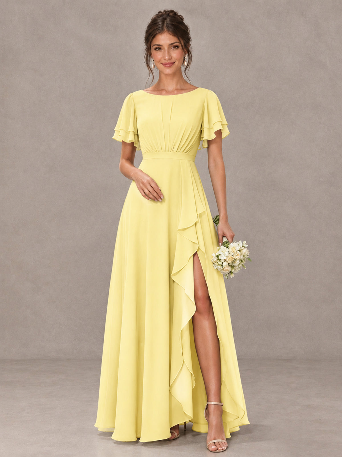 BOLODOO Daffodil Flutter Sleeve Ruffle Bridesmaid Dress with Slit - Daffodil - Daffodil (1)
