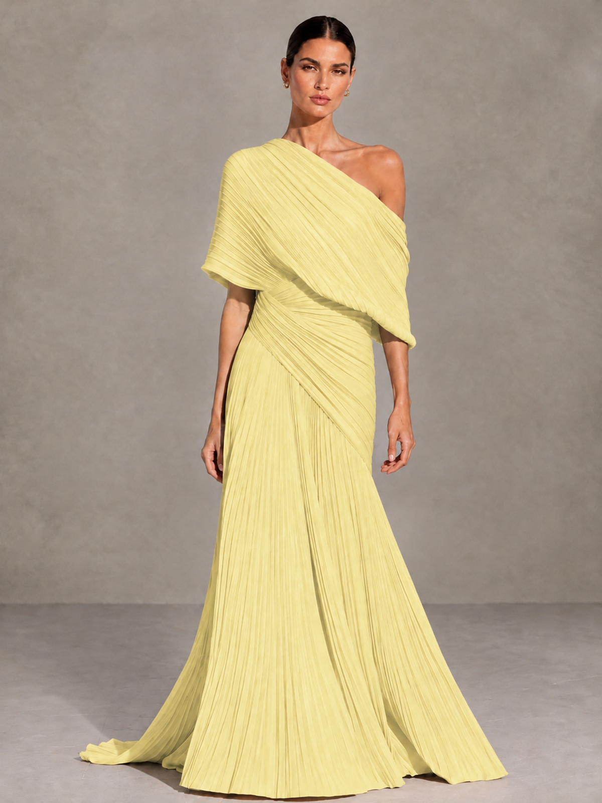 BOLODOO Daffodil One-Shoulder Pleated Cape Evening Gown with Train - Daffodil - Daffodil (1)