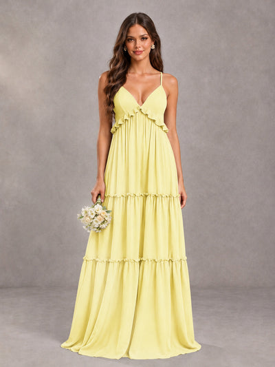BOLODOO Daffodil Tiered V-Neck Lace-Up Back Bridesmaid Dress - Daffodil - Daffodil (1)