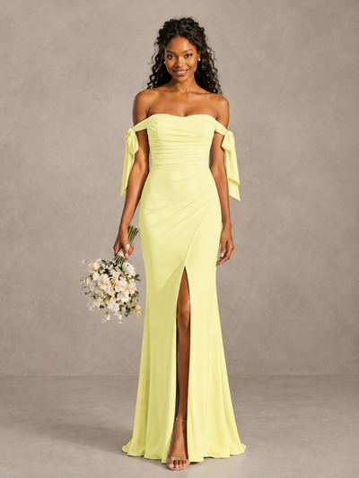 Daffodil Off-Shoulder Bow Bridesmaid Dress with Slit - Daffodil - Daffodil (1)