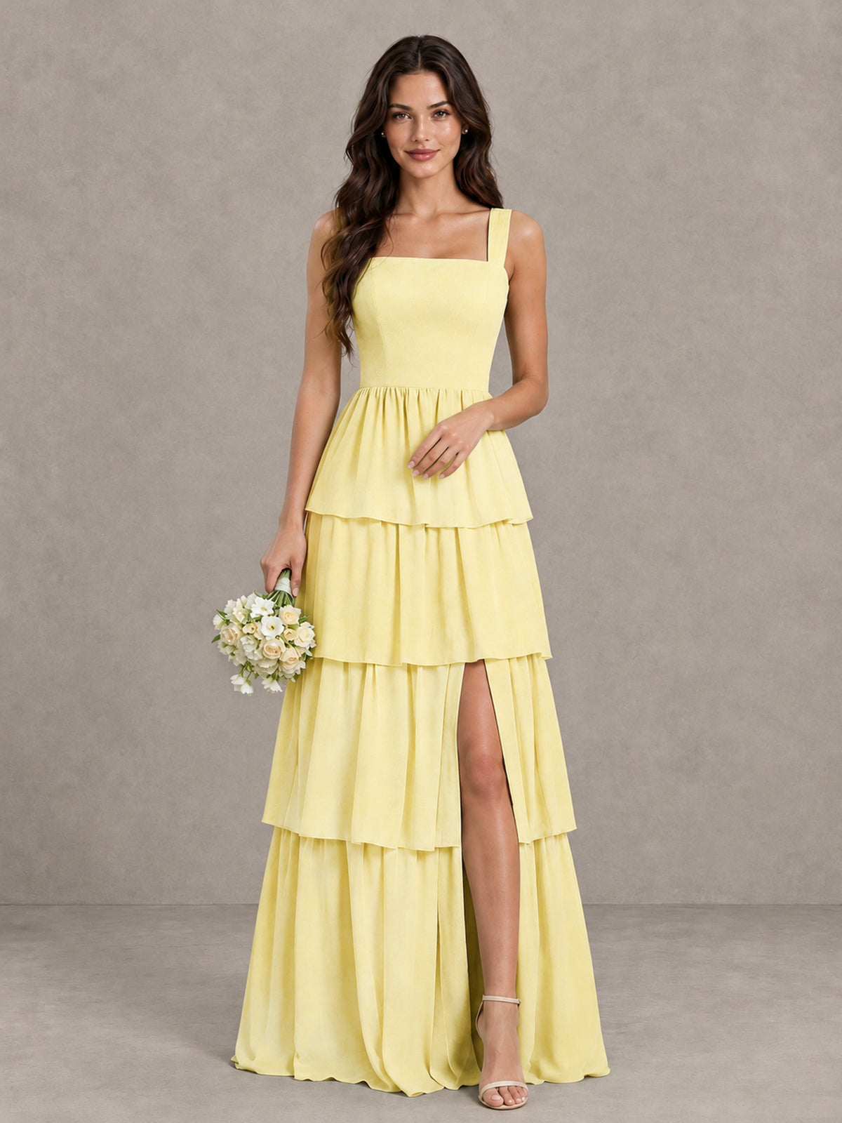 BOLODOO Daffodil Square Neck Tiered Bridesmaid Dress with Slit - Daffodil - Daffodil (1)