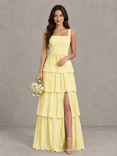 BOLODOO Daffodil Square Neck Tiered Bridesmaid Dress with Slit - Daffodil - Daffodil (1)