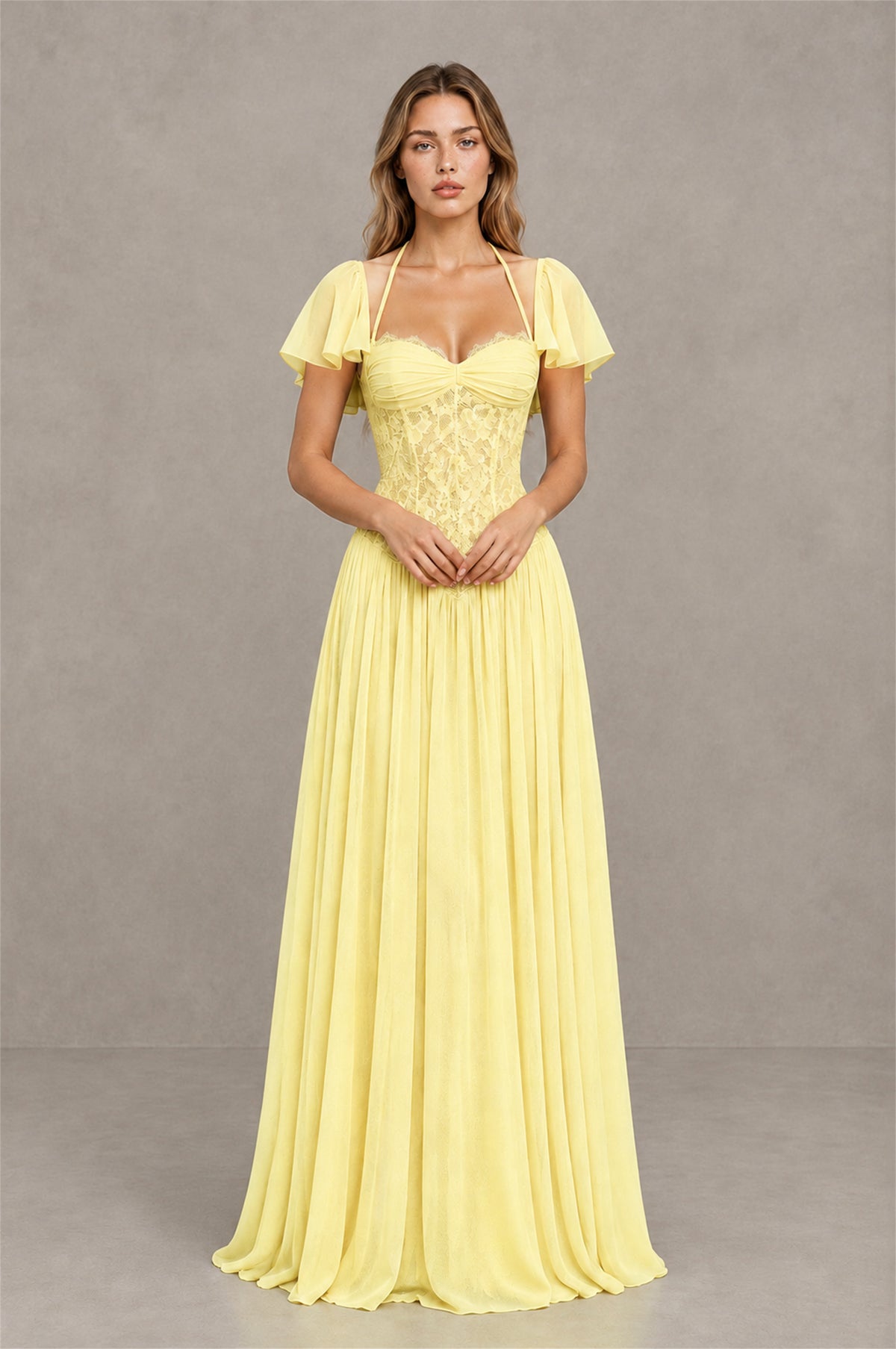 BOLODOO Daffodil Flutter Sleeve Lace Corset A-Line Maxi Dress - Daffodil - Daffodil (1)