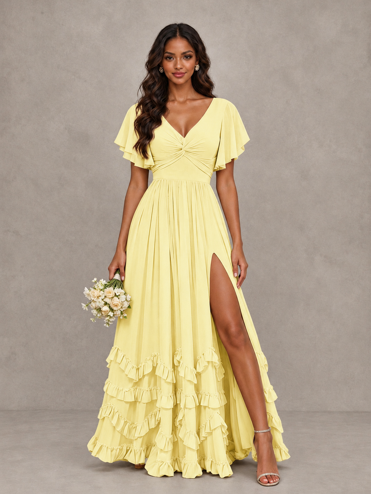 BOLODOO Daffodil V-Neck Flutter Sleeve Ruffle Bridesmaid Dress with Slit - Daffodil - Daffodil (1)