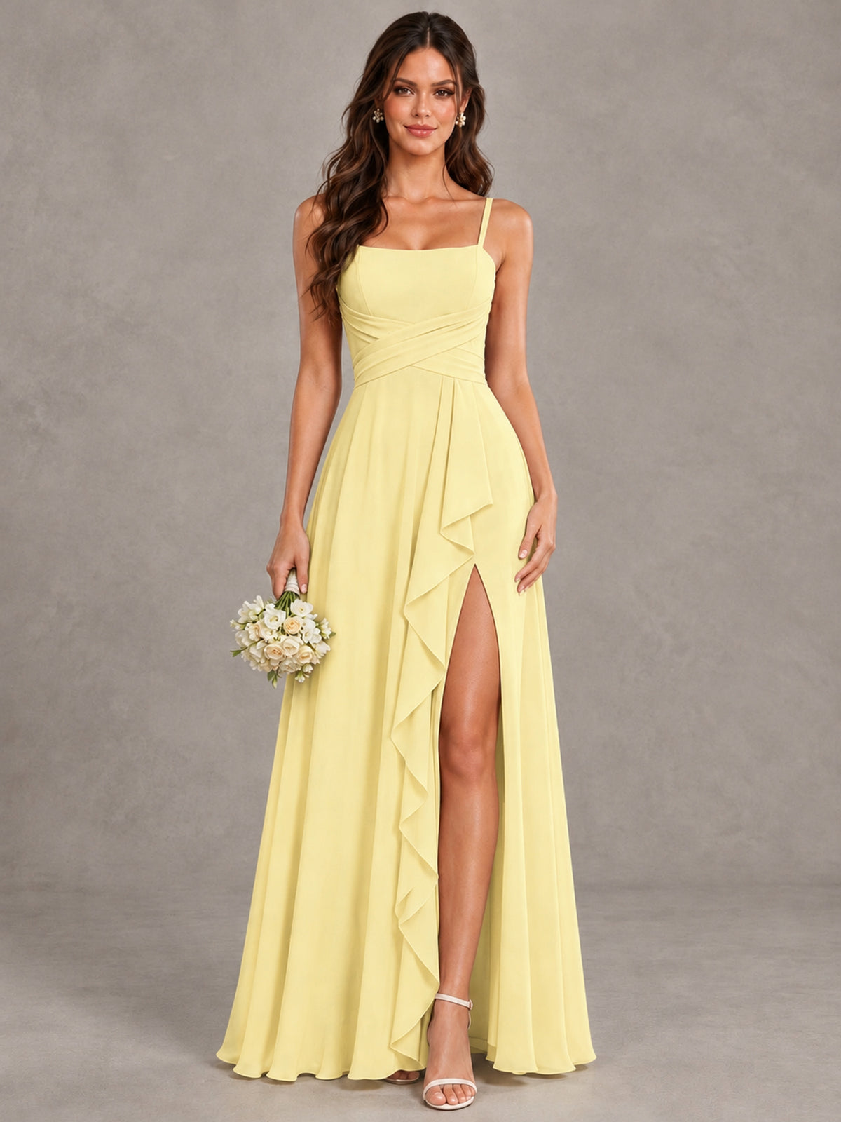 BOLODOO Daffodil Spaghetti Strap Ruffle Bridesmaid Dress with Slit - Daffodil - Daffodil (1)