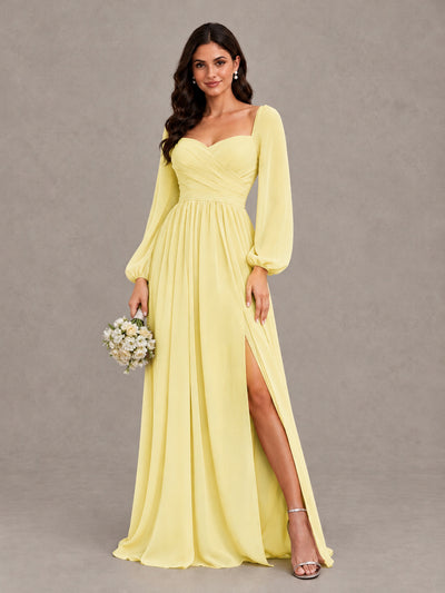 BOLODOO Daffodil Long Sleeve Chiffon Bridesmaid Dress with Slit - Daffodil - Daffodil (1)