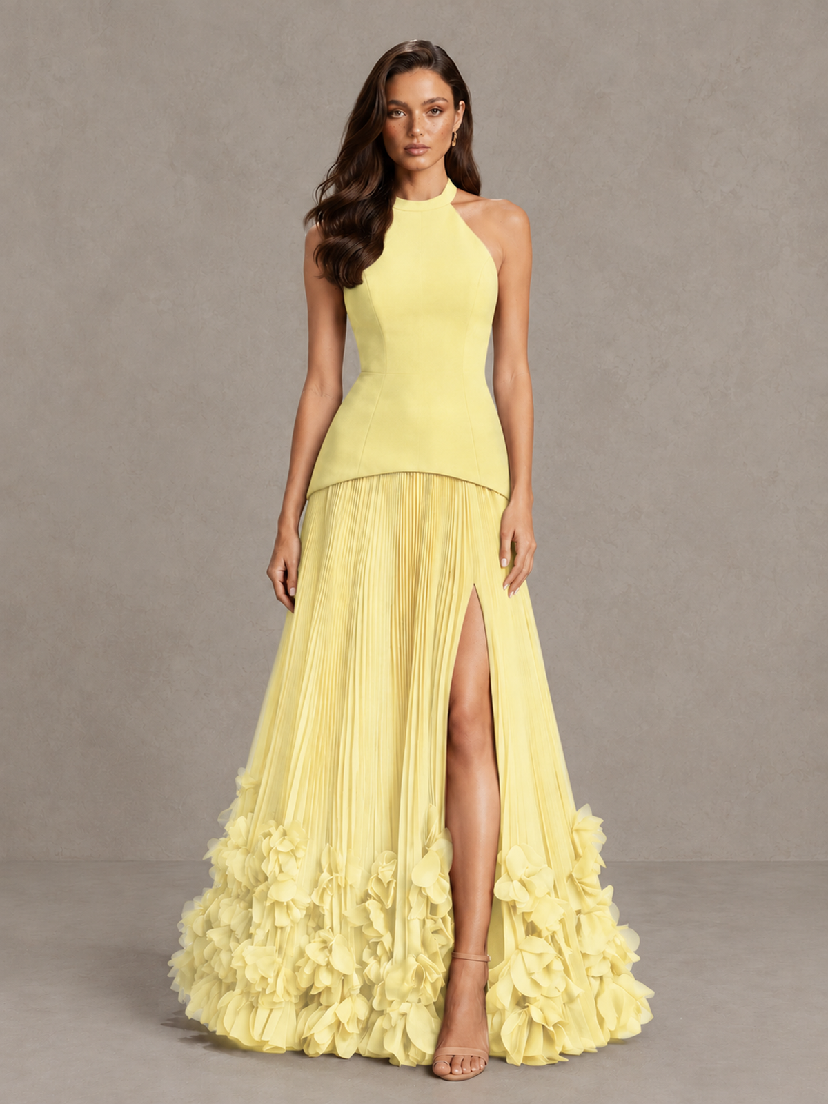 BOLODOO Daffodil Halter Neck Floor-Length Evening Gown with High Slit & 3D Floral Hem - Daffodil - Daffodil (1)